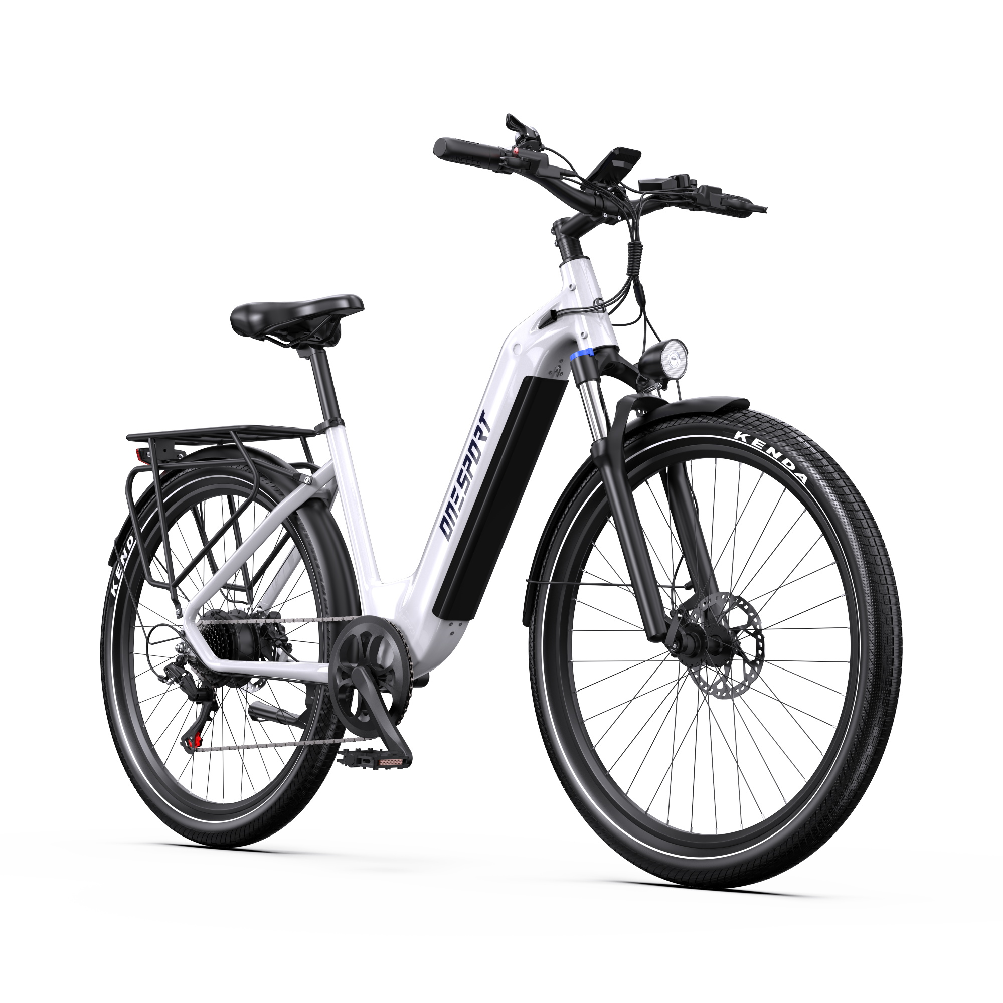 Una bicicleta eléctrica blanca con batería negra y portaequipajes sobre fondo blanco.