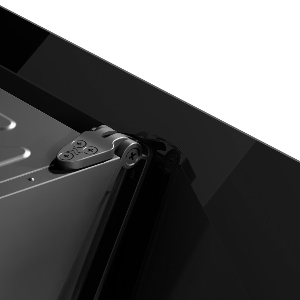 A detailed view of a black metal hinge with three visible screws attached to an edge structure.