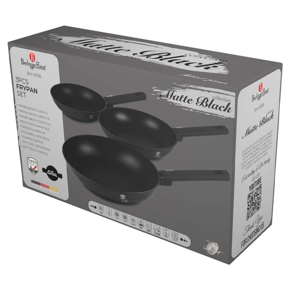 Une boîte de produit grise pour un ensemble de trois poêles Berlinger Haus noir mat.