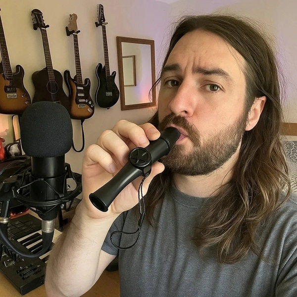 Długowłosy, brodaty mężczyzna gra na małym czarnym fletcie przed mikrofonem i gitarami.