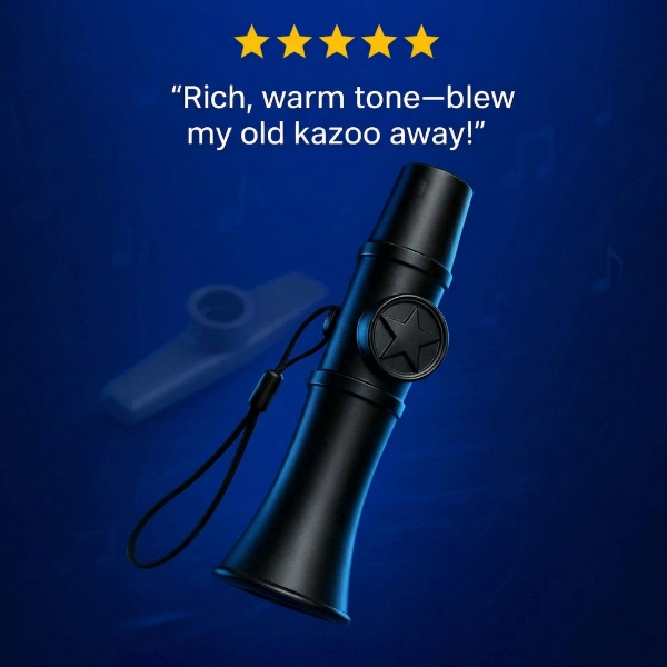 Czarne kazoo z gwiazdką, smyczą i pięcioma żółtymi gwiazdzkami na niebieskim tle.