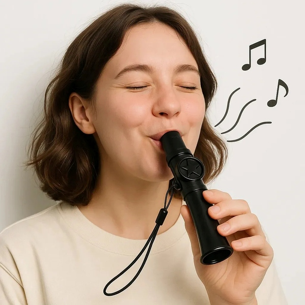 Kobieta gra na czarnym kazoo z zamkniętymi oczami, obok widoczne nuty muzyczne.