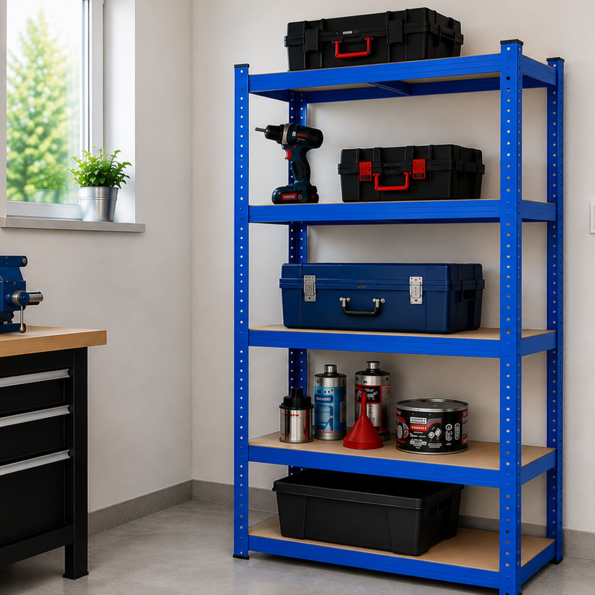 Ein blaues Metallregal in einem Raum ist mit Werkzeugkästen, Dosen und einer Bohrmaschine beladen.