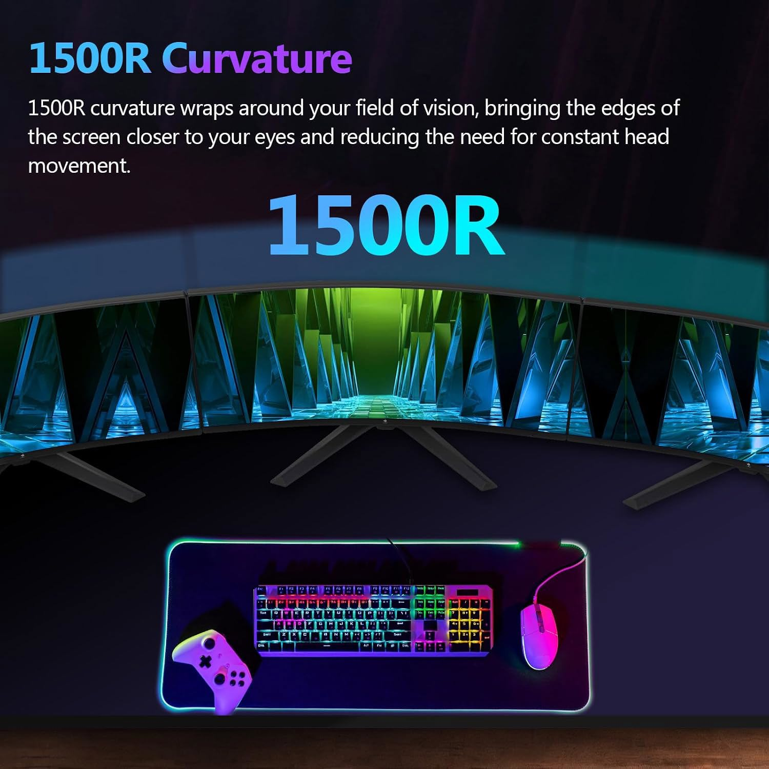 Una configuración de monitor curvo con texto sobre la curvatura 1500R, además de teclado, ratón y mando en un escritorio.