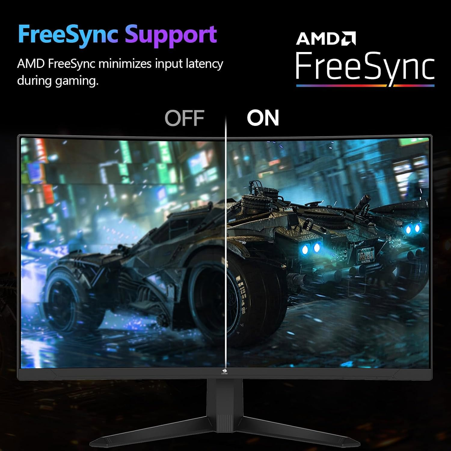 Soporte AMD FreeSync reduciendo la latencia de entrada con comparacion OFF y ON en un monitor.