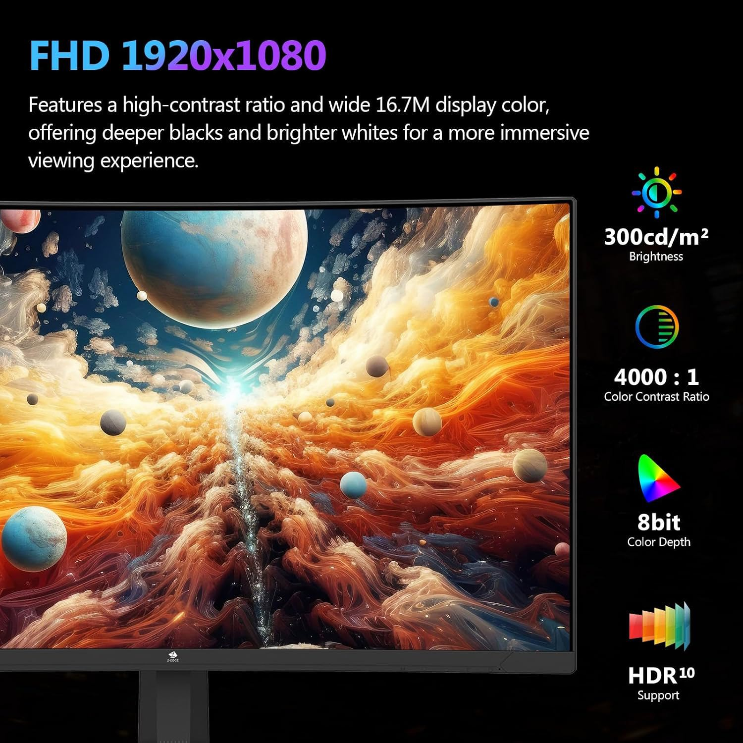 Monitor mostrando arte espacial con especificaciones: FHD 1920x1080, brillo 300cd/m2, contraste 4000:1 y HDR10.