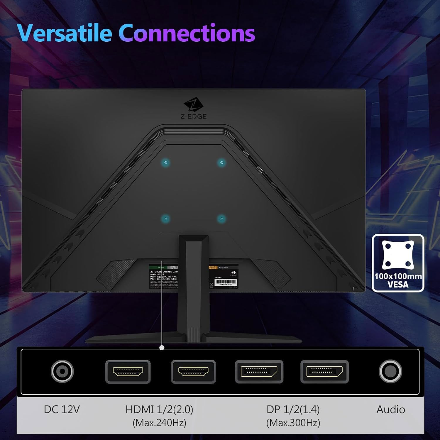 Vista trasera de un monitor negro Z-Edge con varios puertos y soporte VESA.