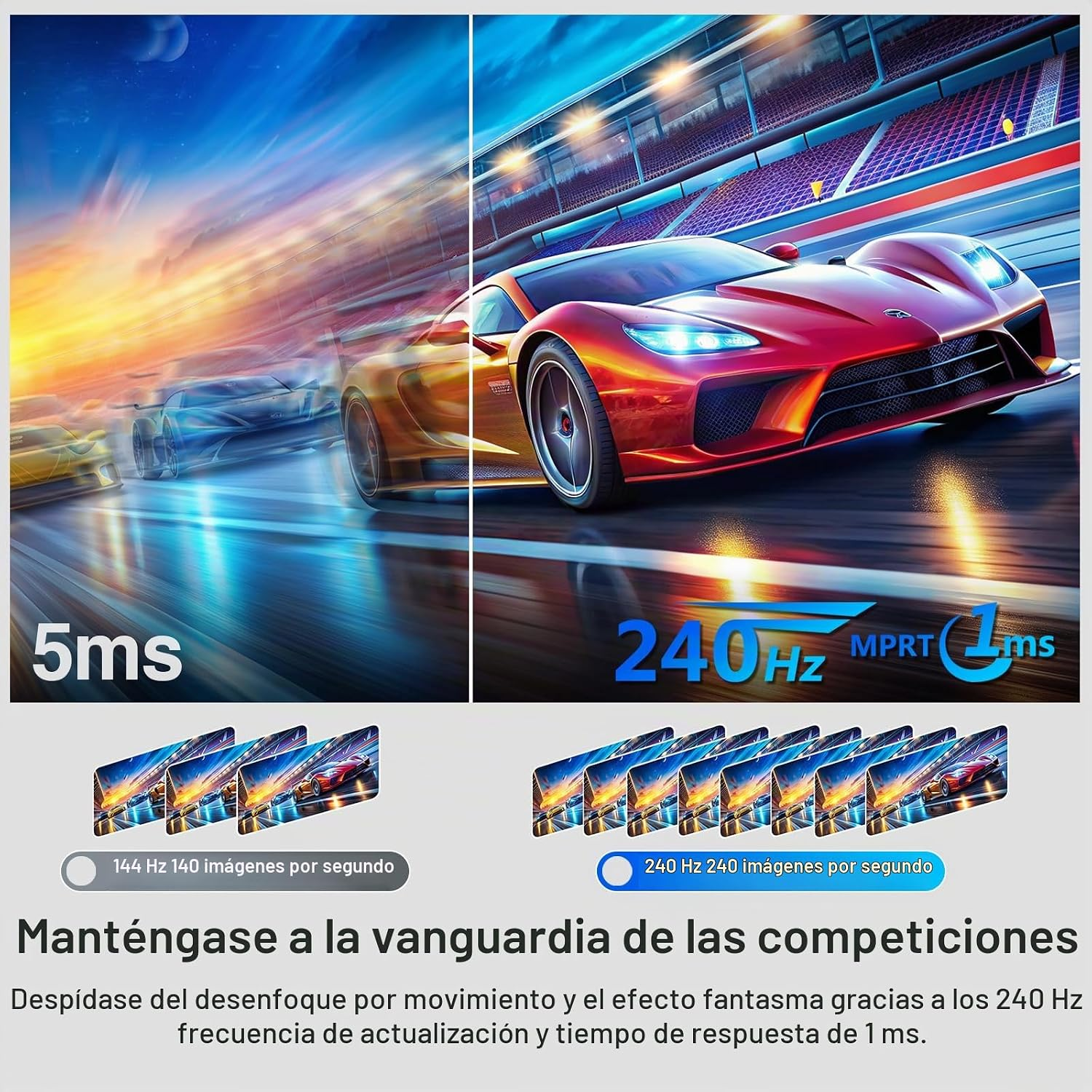 Comparación de autos de carreras que muestra la diferencia entre 5ms y 240Hz 1ms de tiempo de respuesta.