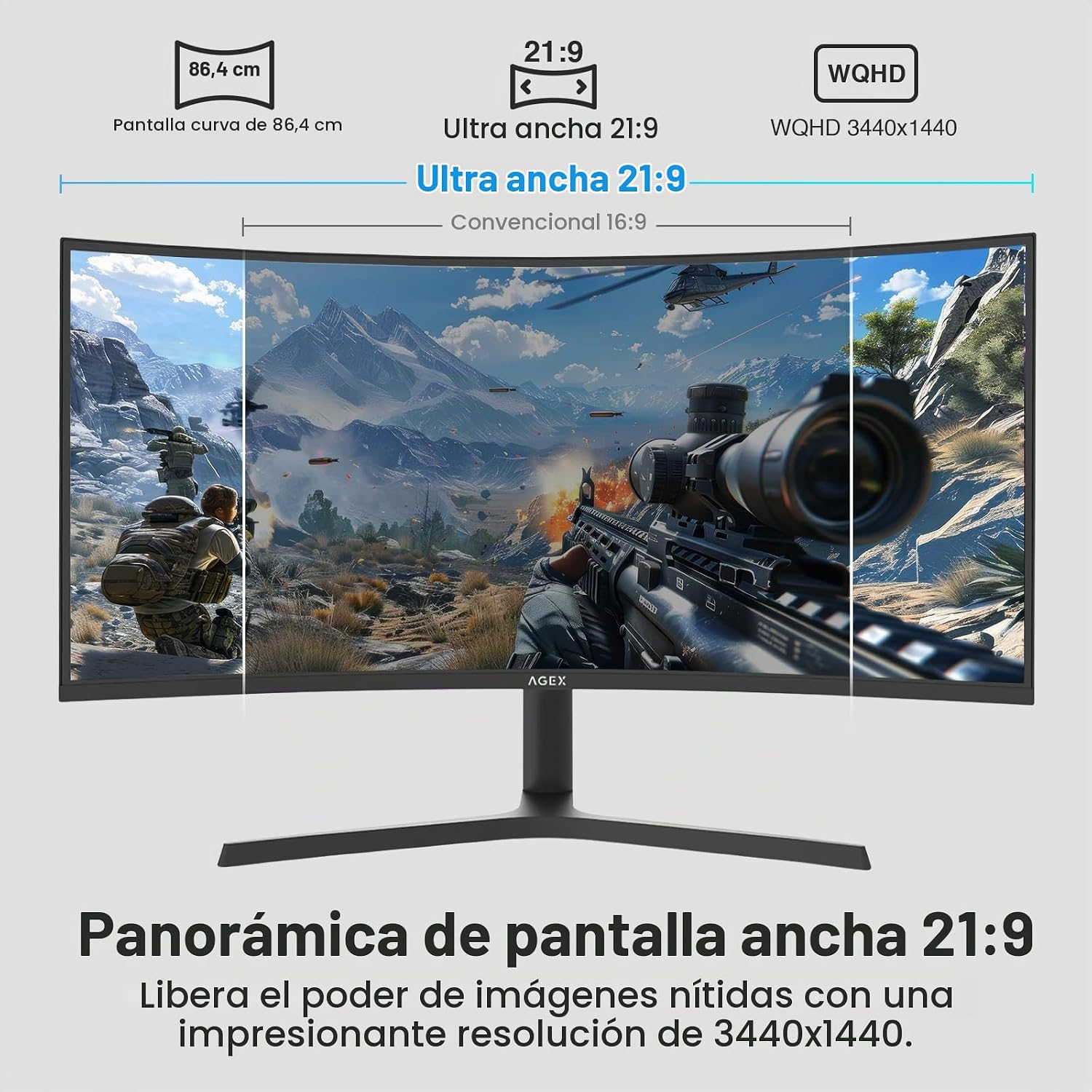 Un monitor gaming curvo 21:9 WQHD muestra un gráfico comparativo con un videojuego.