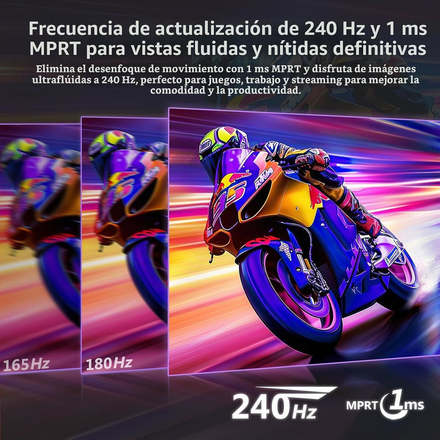 Un motociclista en movimiento muestra la comparación de frecuencia de actualización de 165Hz a 240Hz.