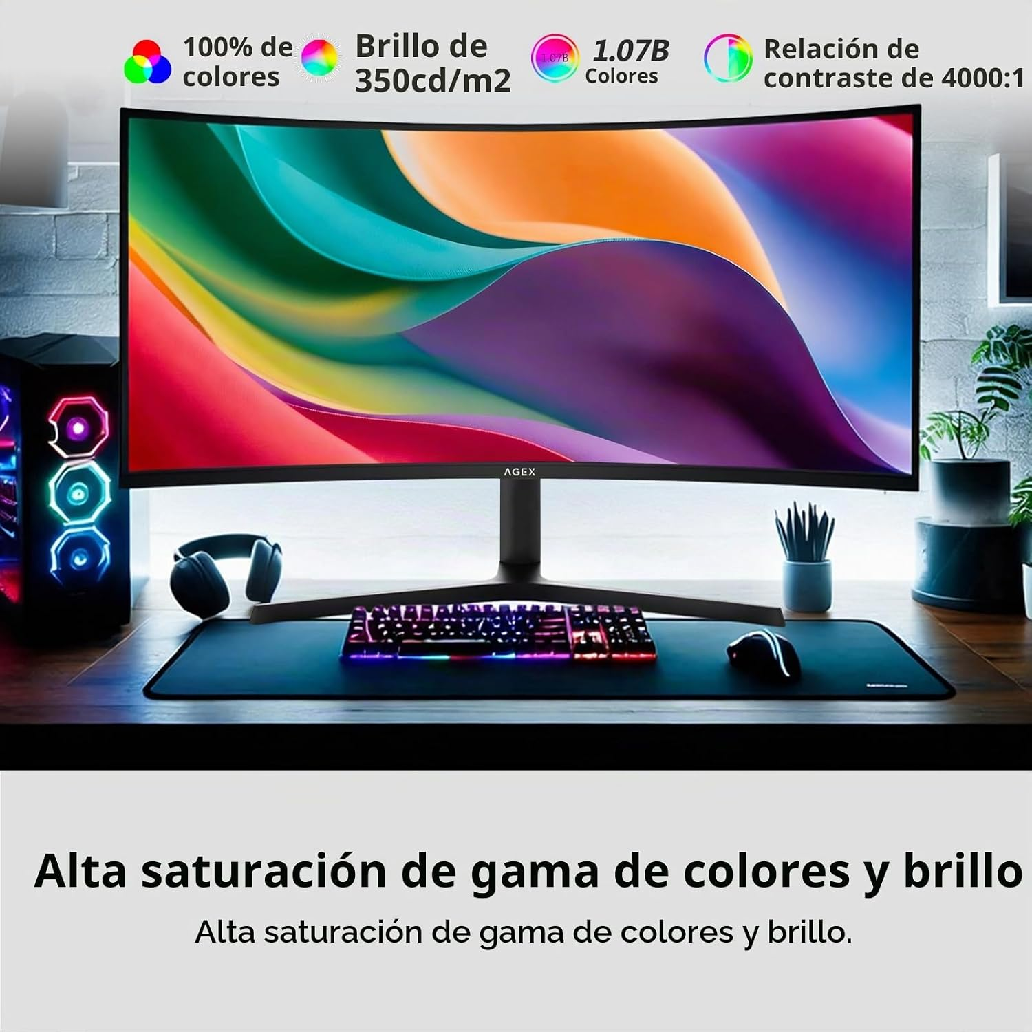Monitor curvo gaming en un escritorio mostrando un fondo colorido, con teclado y auriculares.