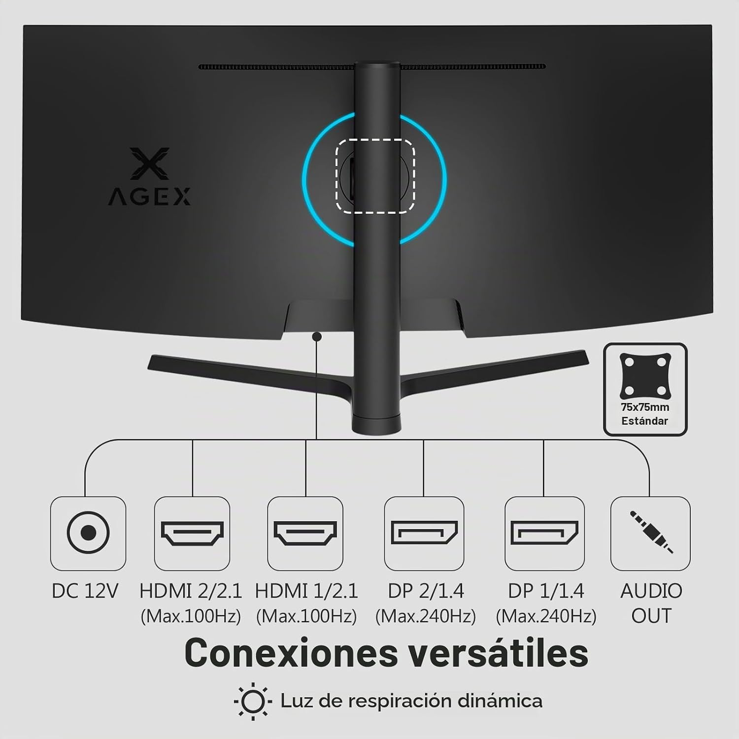 Parte trasera de un monitor curvo con puertos y soporte VESA.