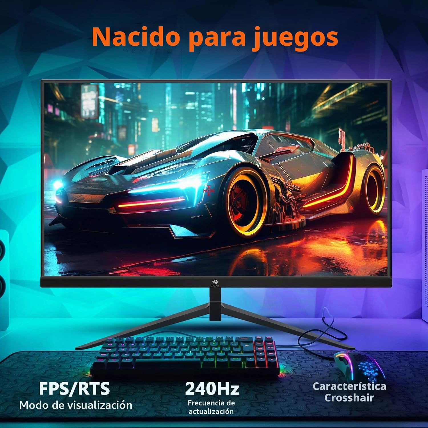 Monitor de juegos con un coche futurista, teclado y ratón delante.