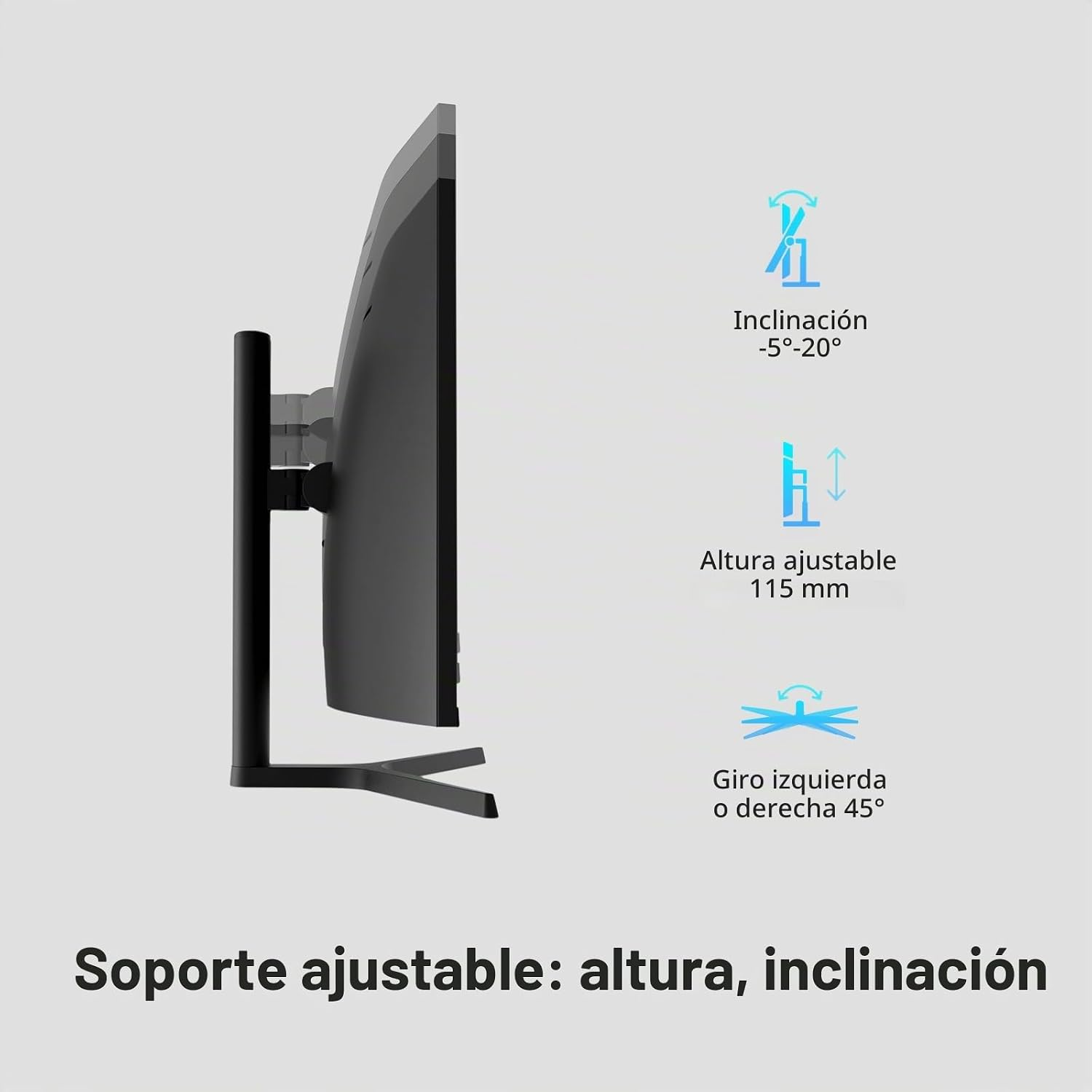 Vista lateral de un monitor con soporte ajustable que muestra inclinación, altura y giro.