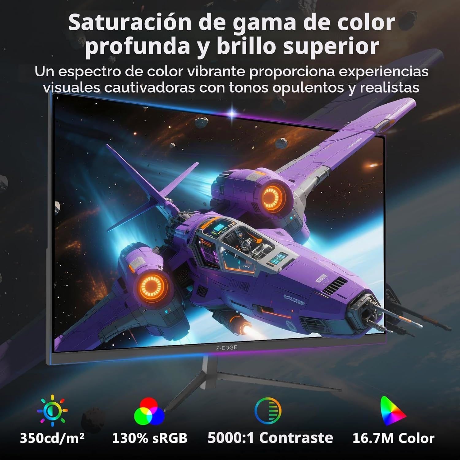 Un monitor de juegos muestra una nave morada en el espacio con especificaciones técnicas detalladas.