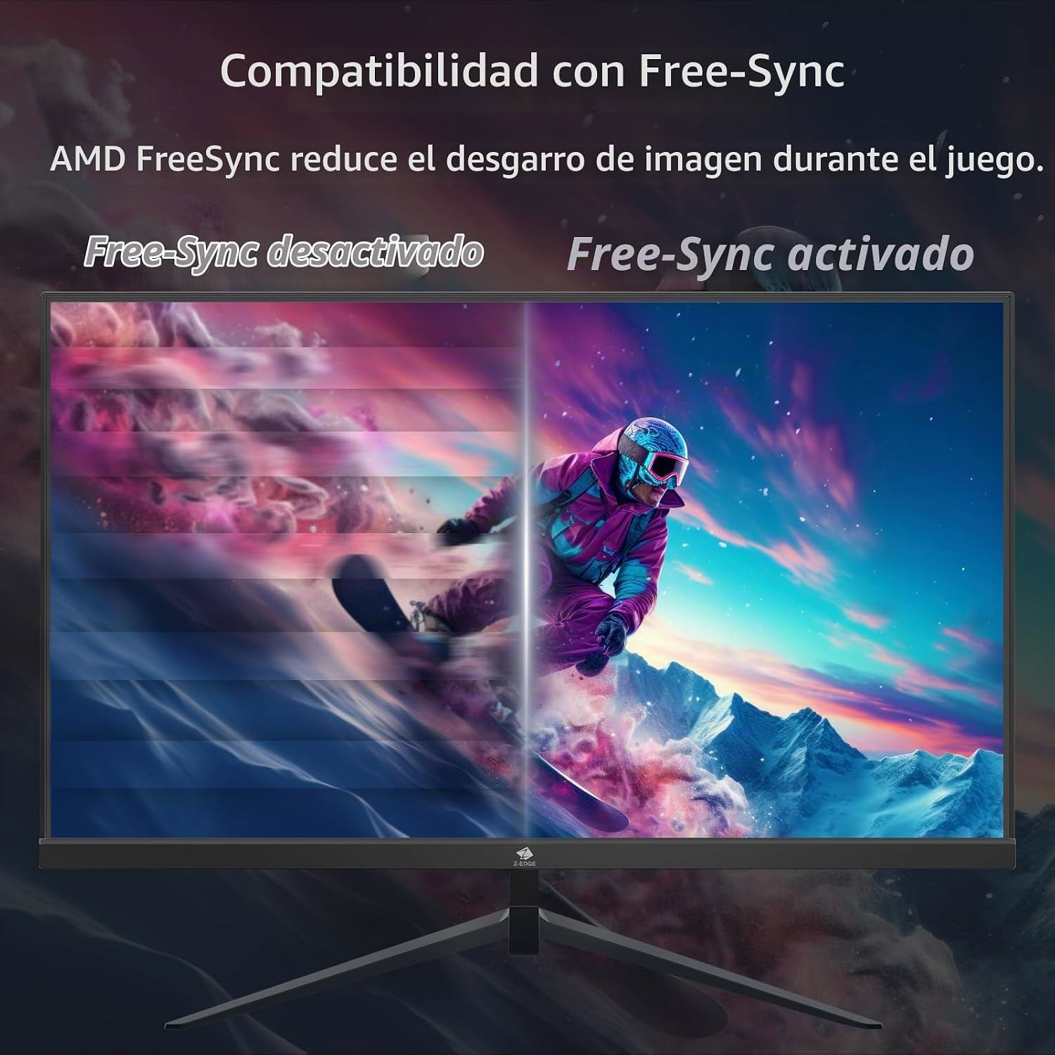 Imagen de comparación de un monitor que muestra la diferencia de Free-Sync con un snowboarder.