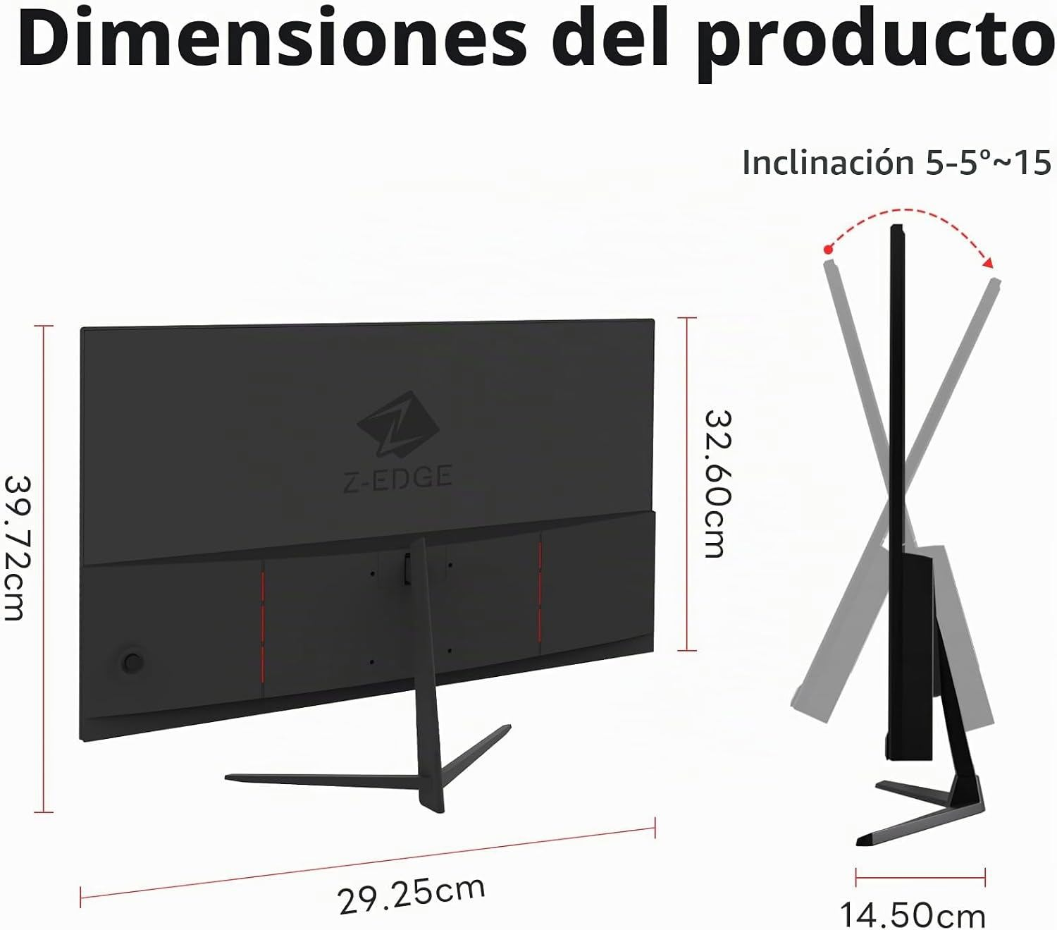El diagrama muestra las dimensiones y el ángulo de inclinación de un monitor Z-Edge con soporte.