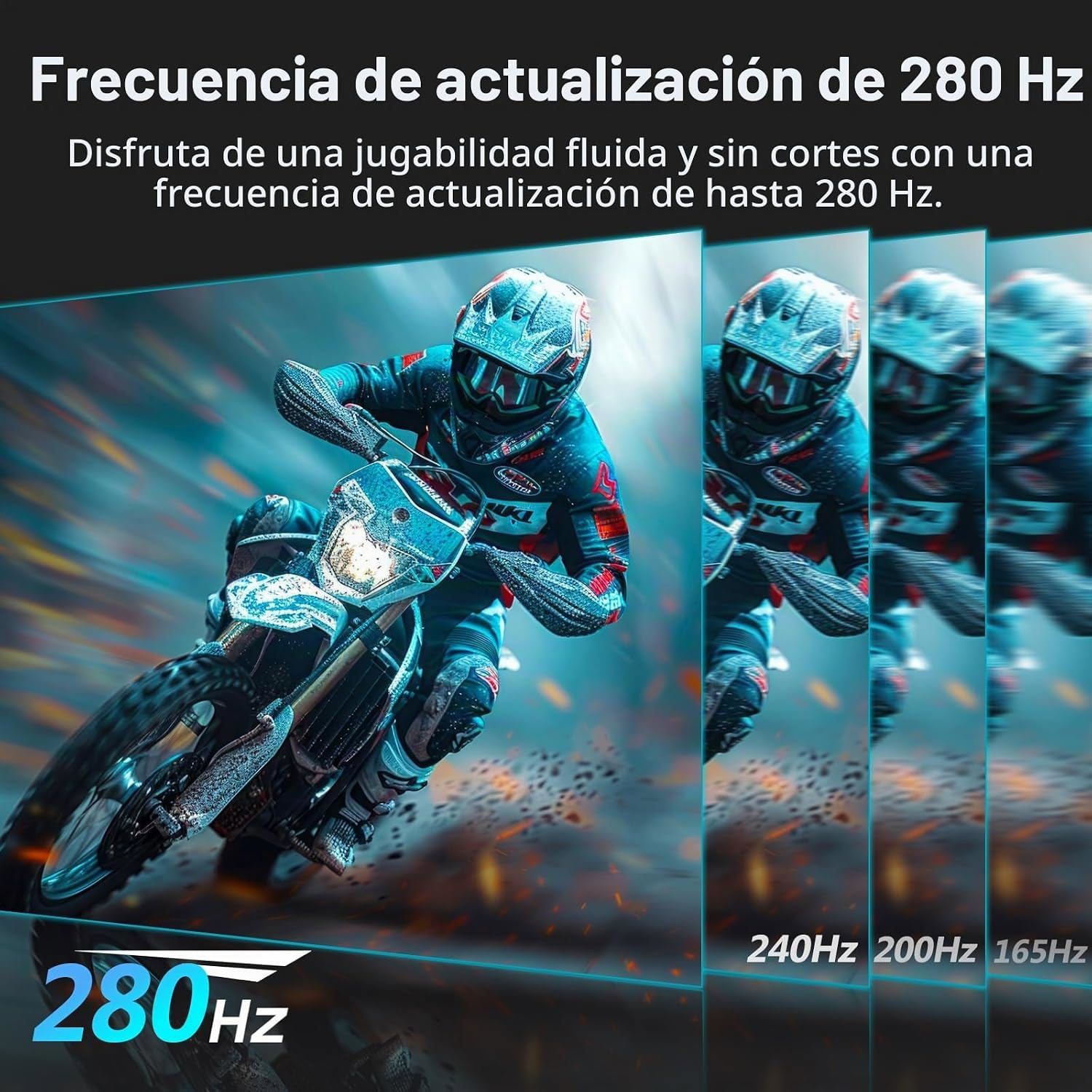 Un motociclista en acción muestra un movimiento fluido con comparación de 280Hz.