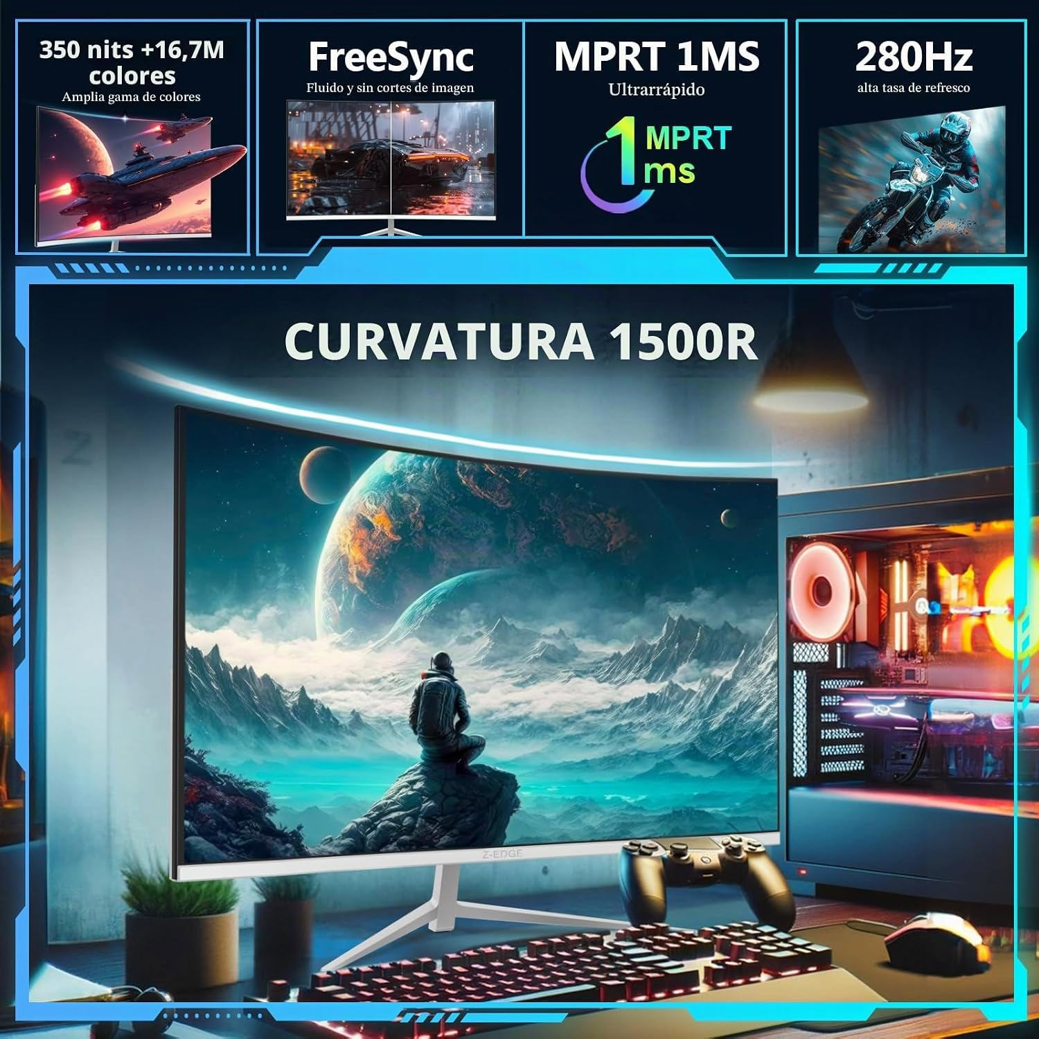 Un monitor de juegos curvo 1500R muestra una escena espacial, con una PC y accesorios en el escritorio.