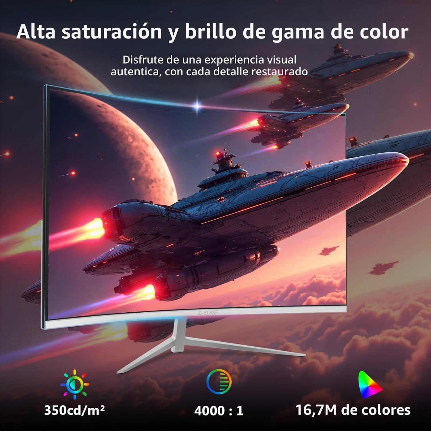 Un monitor curvo muestra una vibrante escena de batalla espacial con naves y planetas.
