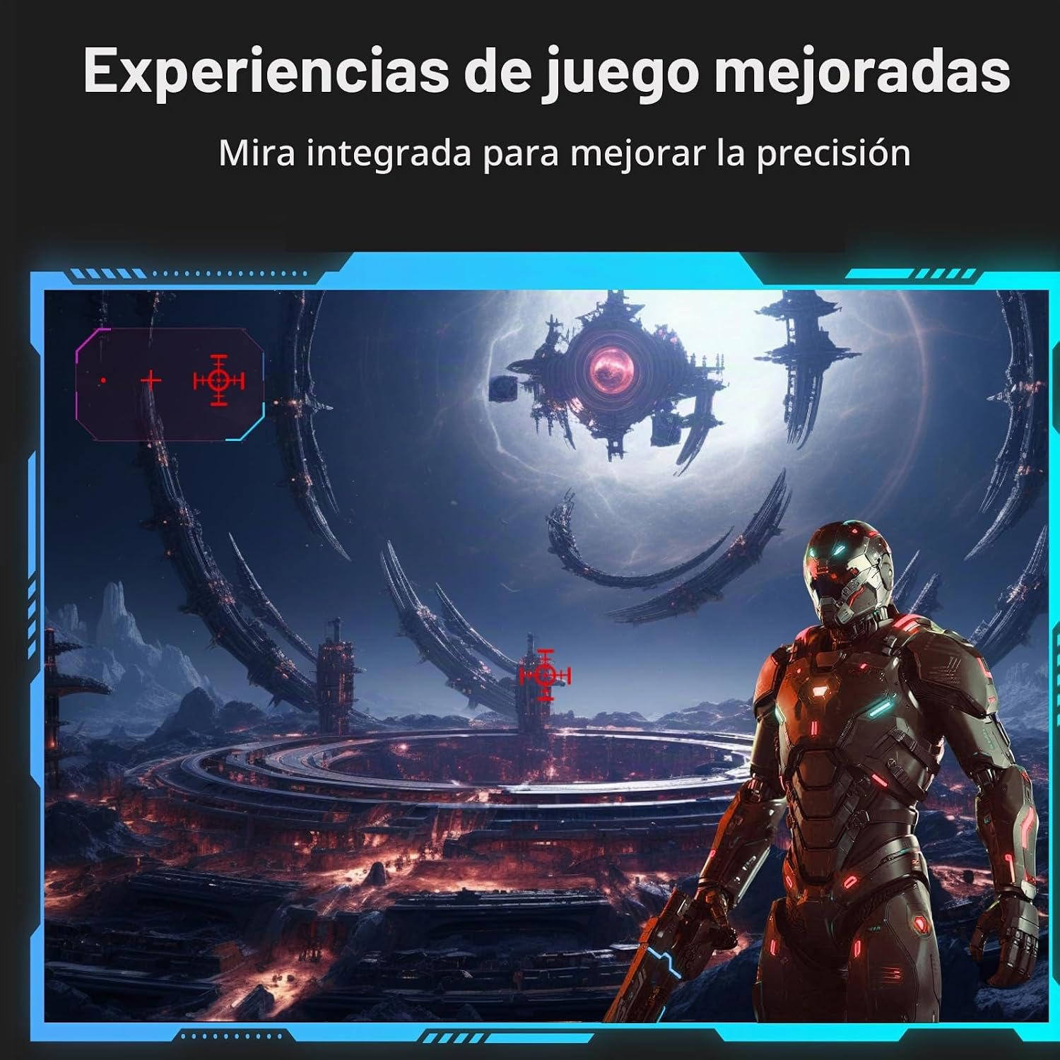 Un soldado futurista en un paisaje de ciencia ficción con naves espaciales y una mira roja en la pantalla.