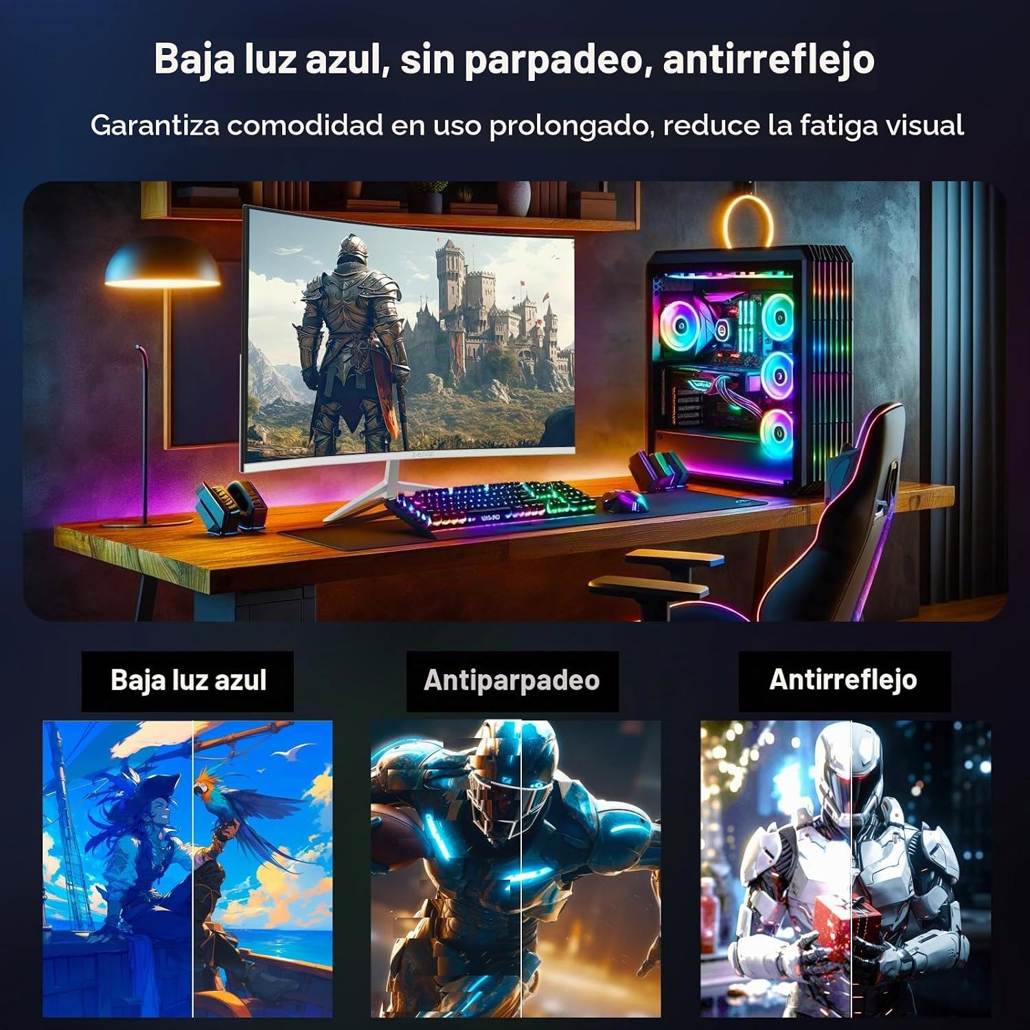 Configuración de juego con monitor curvo, PC RGB, teclado y texto sobre comodidad visual.