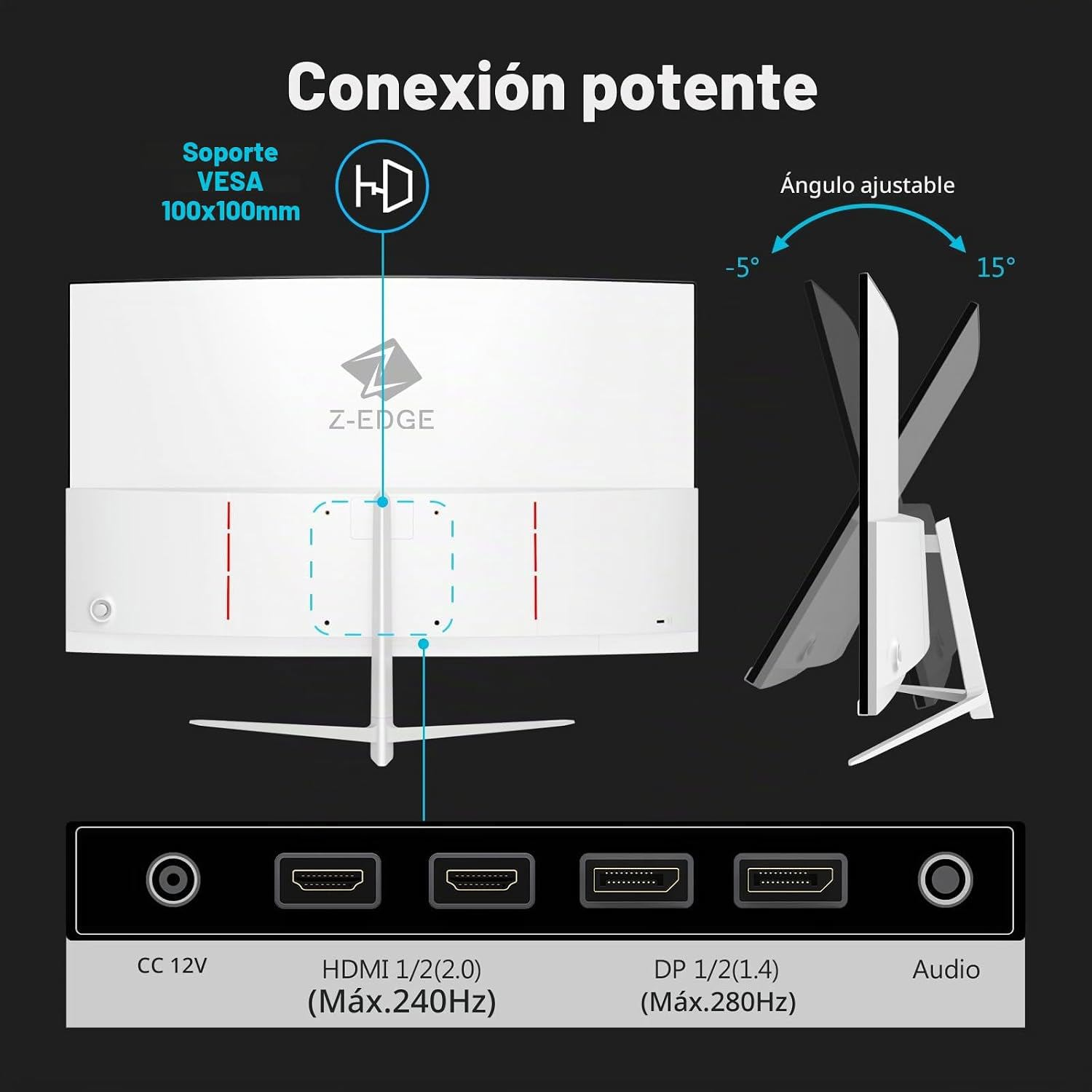 Diagrama que muestra los puertos del monitor, soporte VESA y ángulo de inclinación.