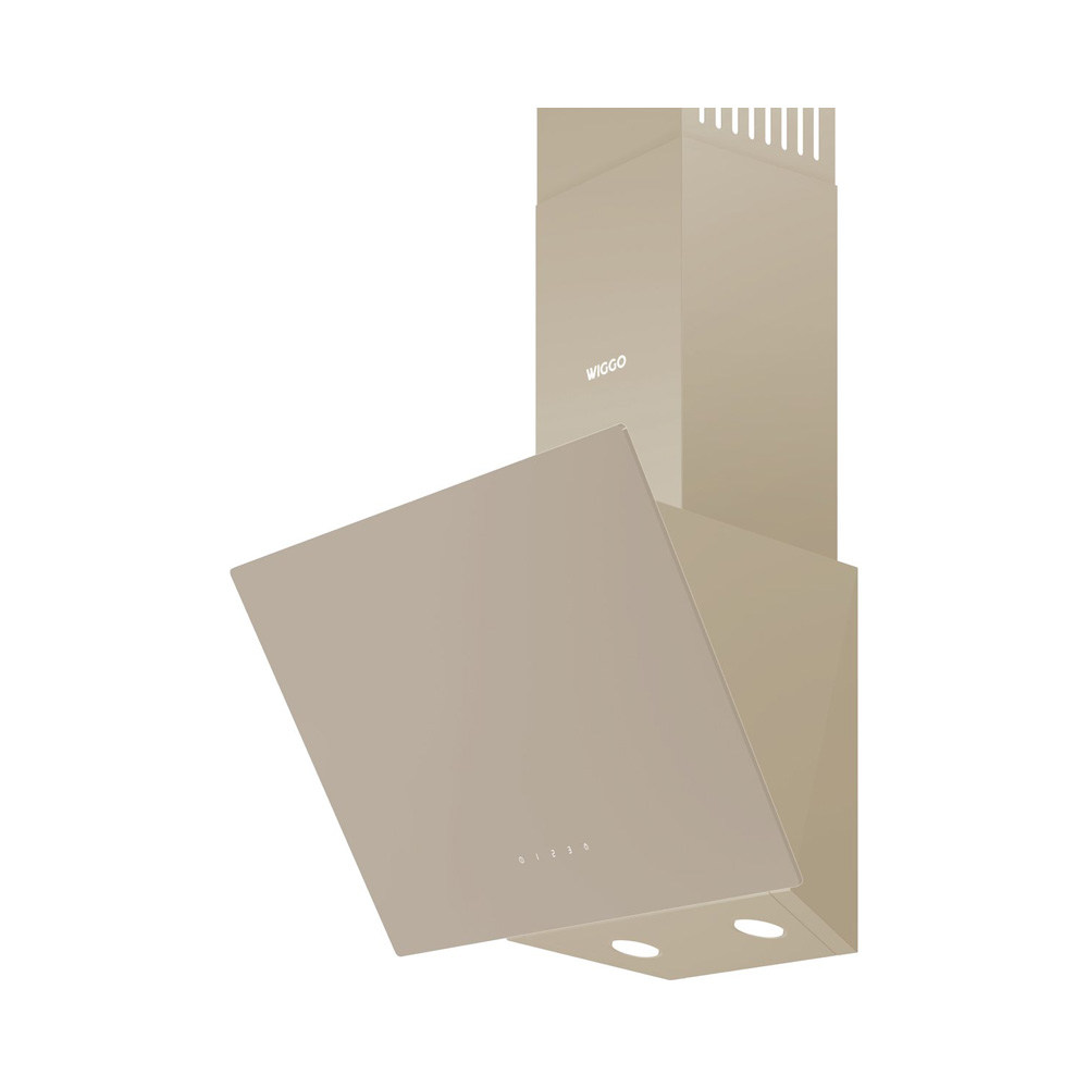 A beige Wiggo inclined cooker hood with a glass panel, touch controls, and two bottom lights on a white background.