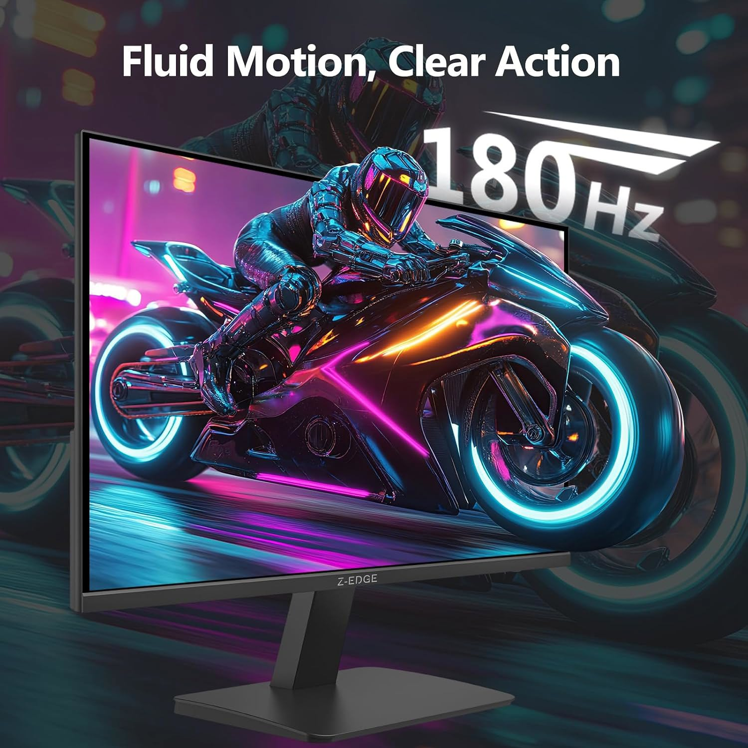 Un monitor de juegos que muestra a un motociclista con texto sobre movimiento fluido y 180Hz.