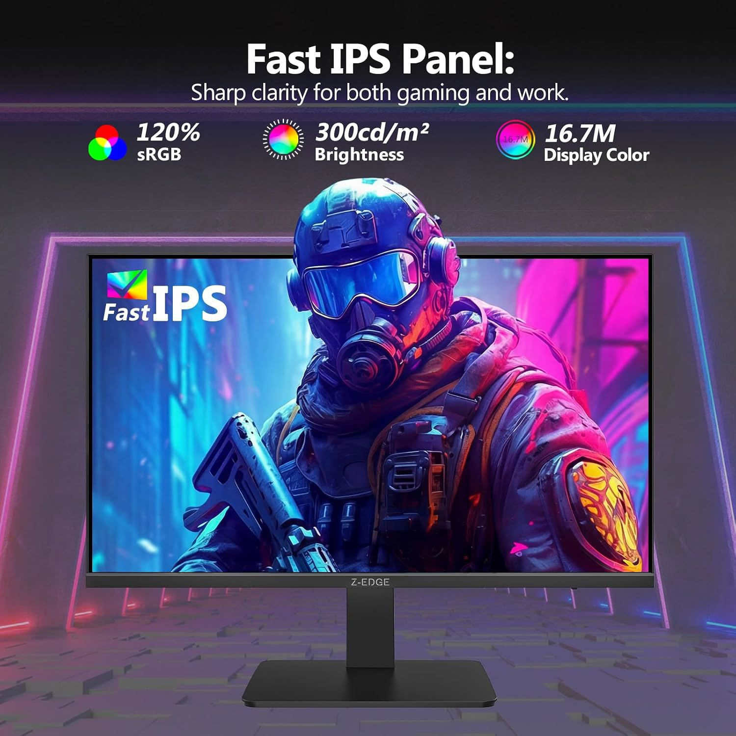 Un monitor de juegos que muestra un soldado futurista y especificaciones de panel IPS.