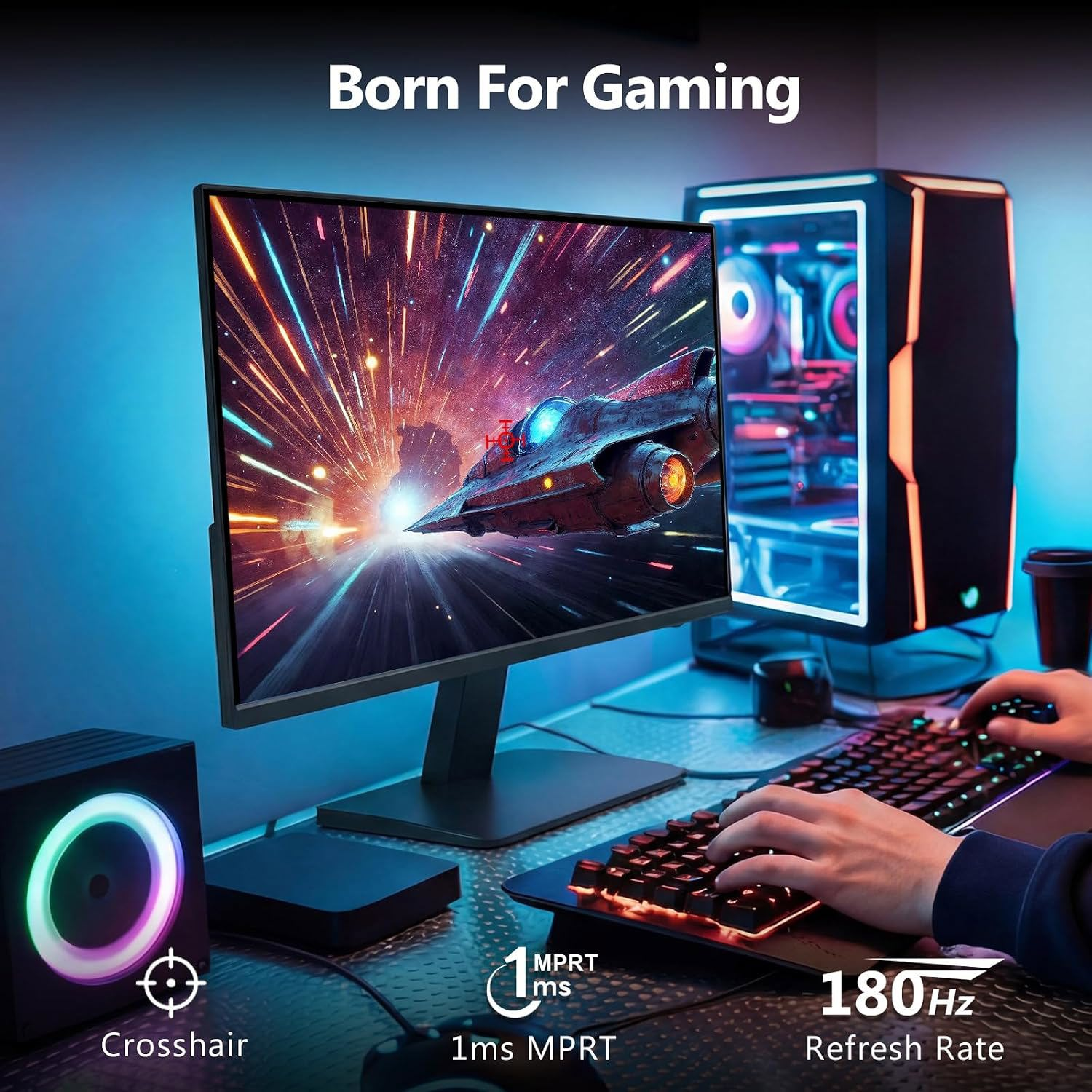 Un monitor de juegos muestra una nave espacial con texto Born For Gaming, junto a manos en un teclado iluminado.