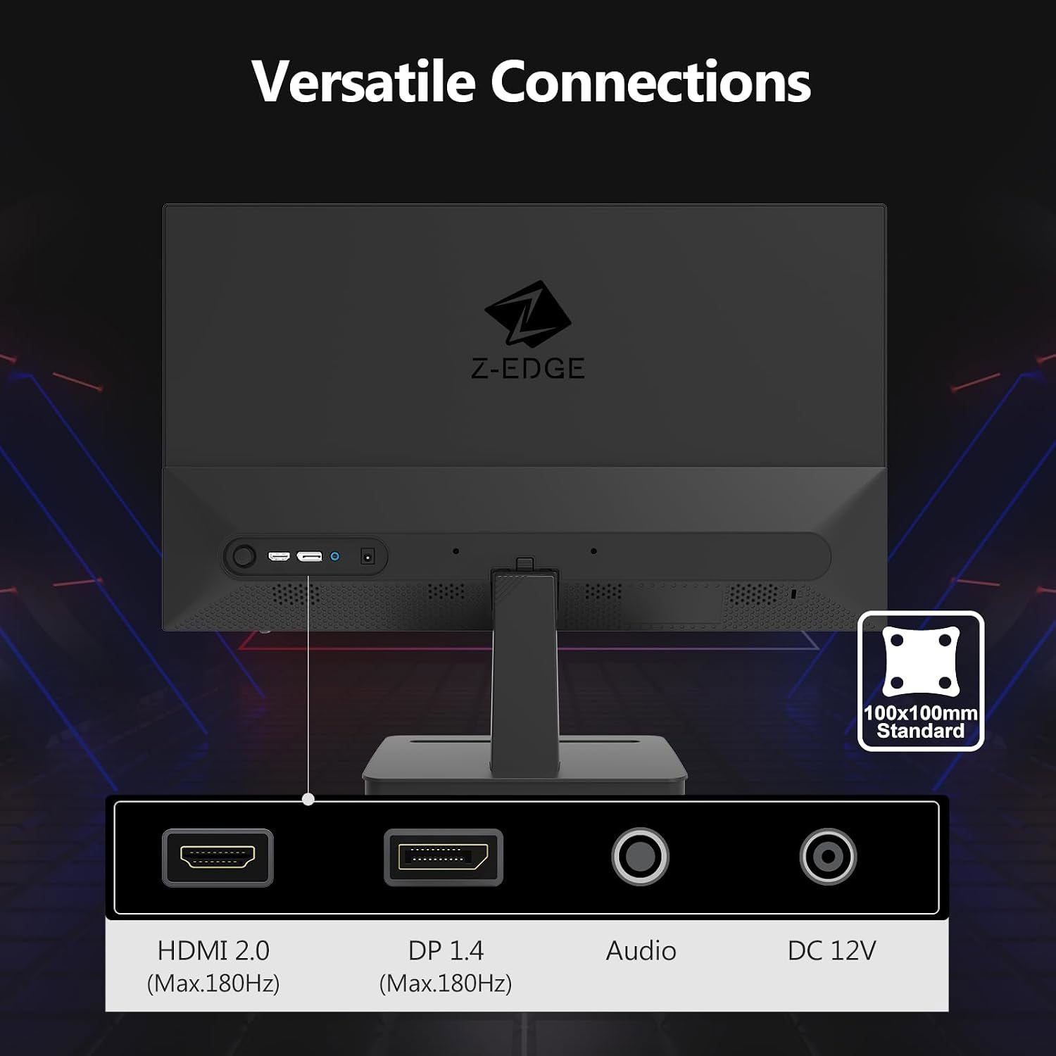 Vista trasera del monitor Z-Edge con puertos HDMI 2.0, DP 1.4, audio y DC 12V, y soporte VESA de 100x100mm.