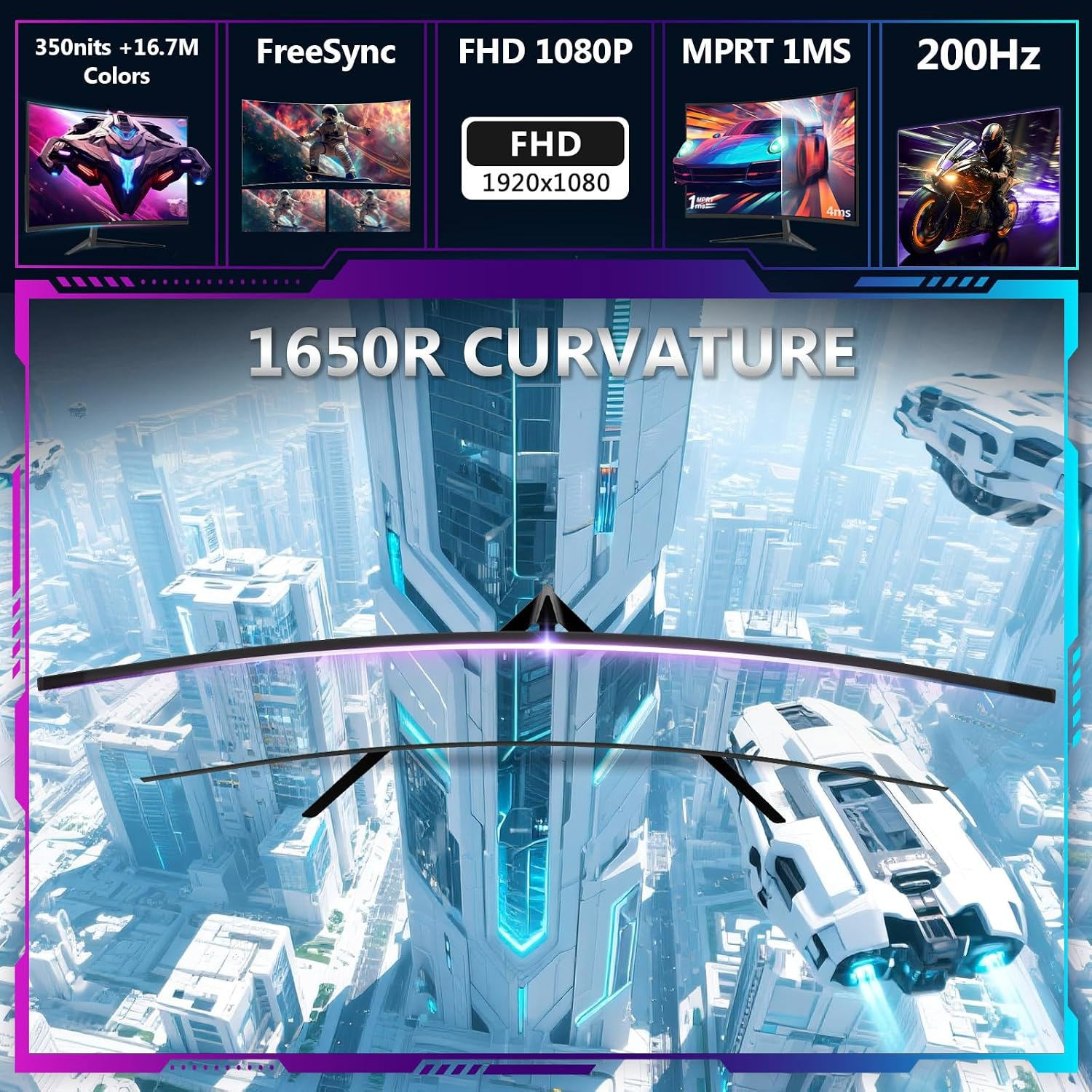 Anuncio de monitor de juegos con 200 Hz, FreeSync y curvatura de 1650R sobre una ciudad futurista.