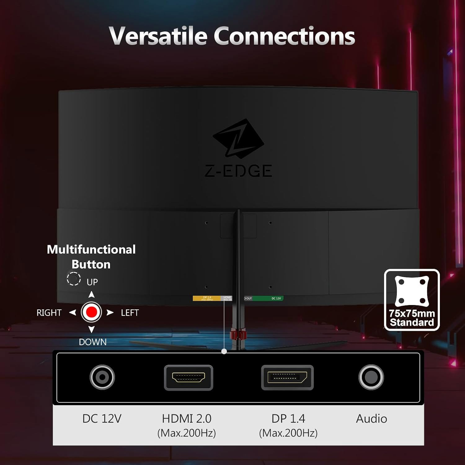 Vista trasera de un monitor Z-Edge que muestra conexiones como DC 12V, HDMI 2.0, DP 1.4 y audio.