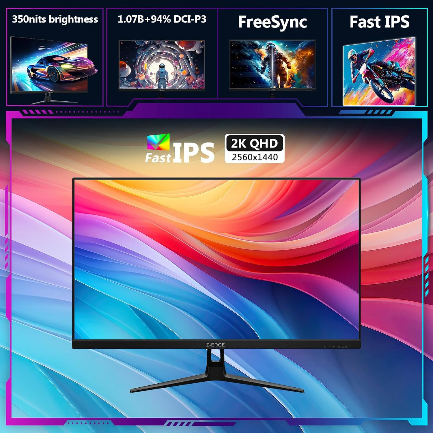 Un monitor de juegos Z-Edge muestra un gráfico colorido, con iconos de características arriba que destacan especificaciones como Fast IPS.