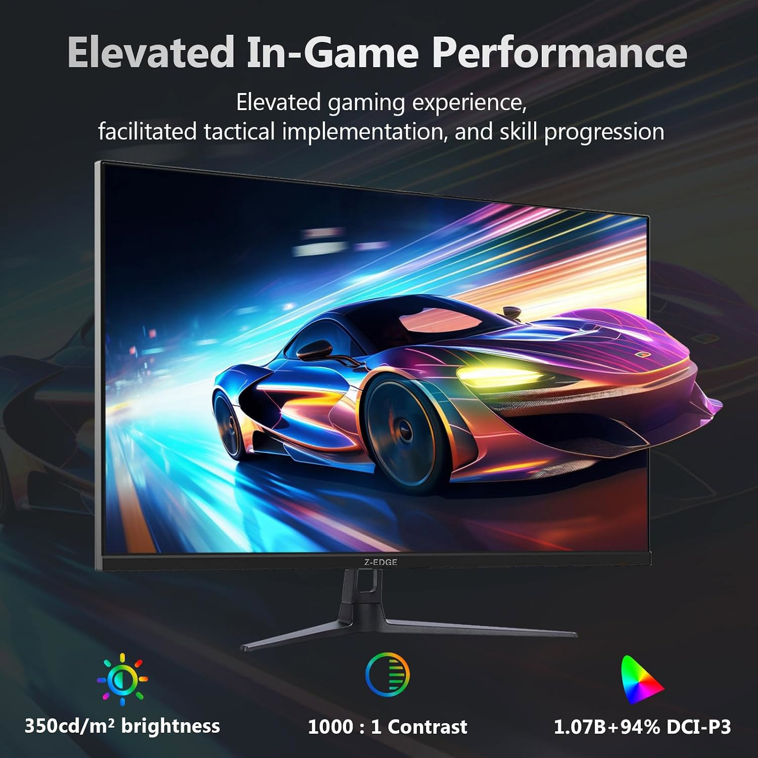 Monitor de juegos con coche de carreras en pantalla y funciones de rendimiento.