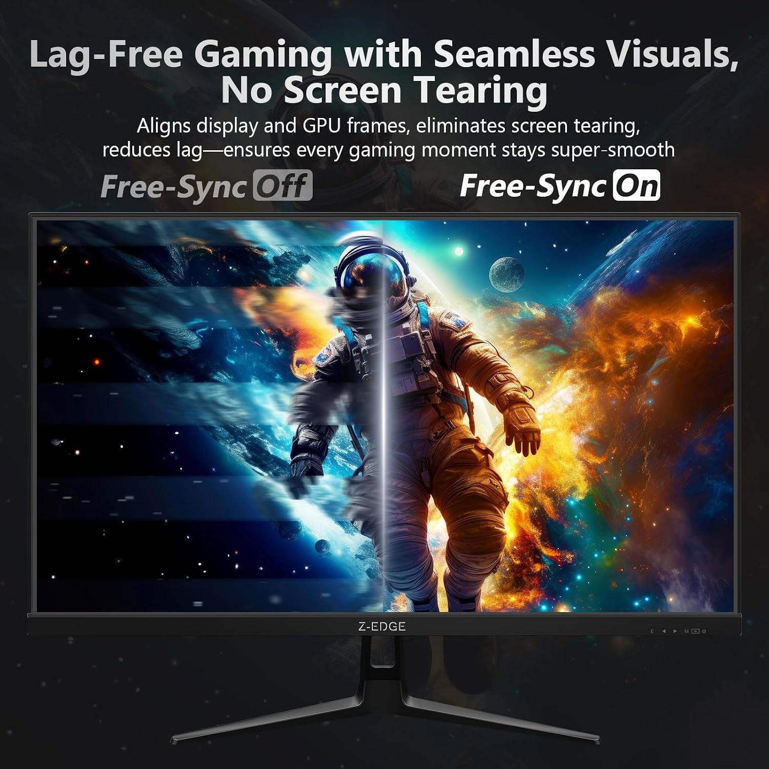 Comparación de Free-Sync Apagado y Encendido en un monitor mostrando tirones a la izquierda y una imagen fluida a la derecha.