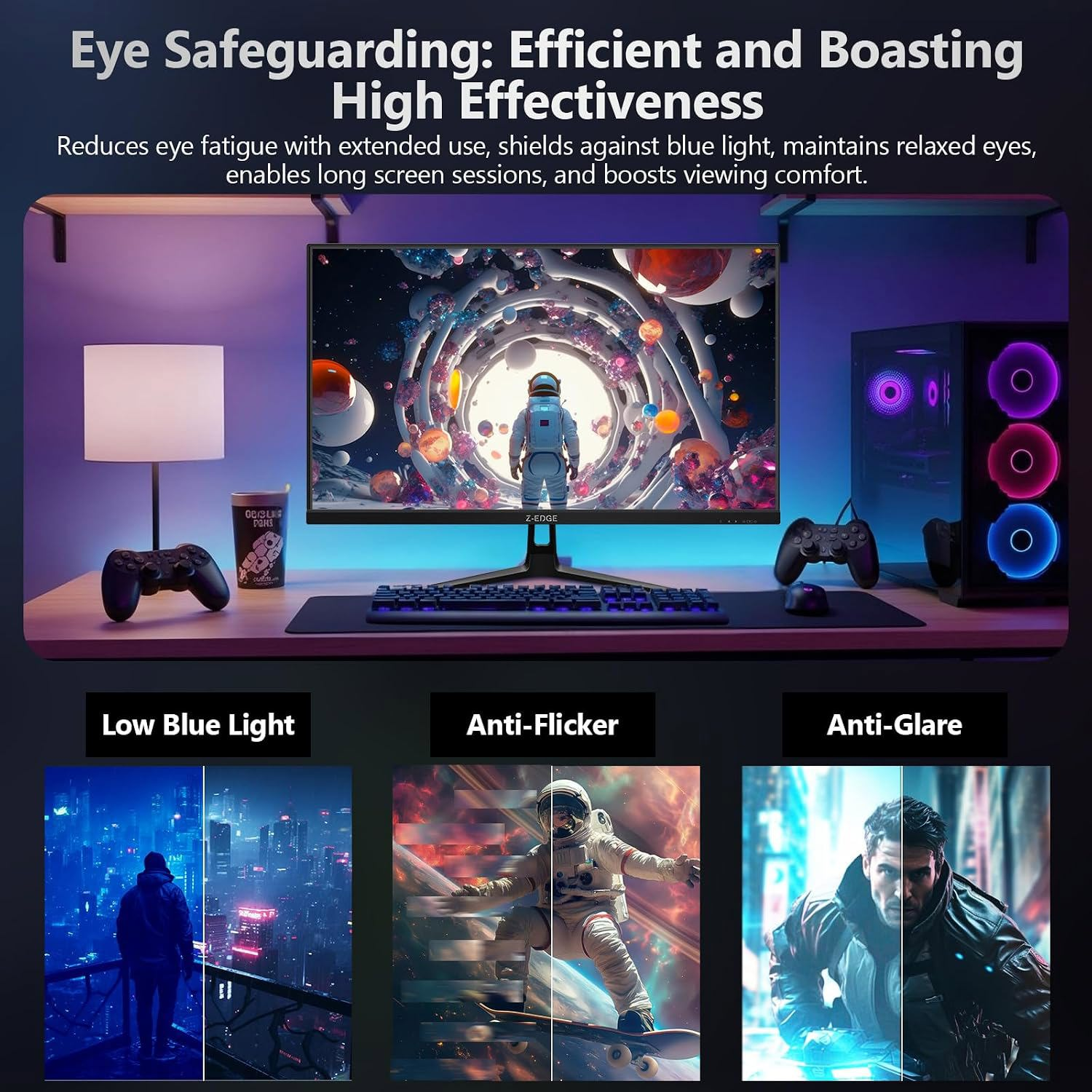 Monitor gaming con protección de luz azul, sin parpadeos y funciones antirreflejos.