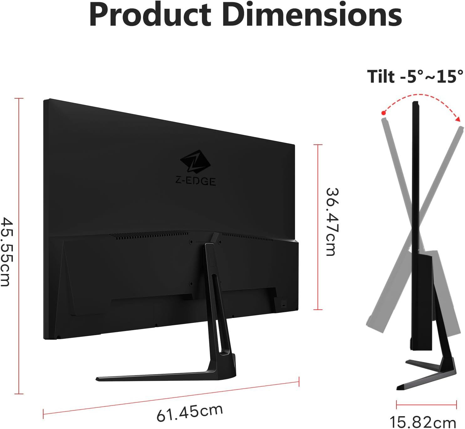 Dibujo técnico de las dimensiones del monitor, mostrando altura, anchura y ángulo de inclinación.