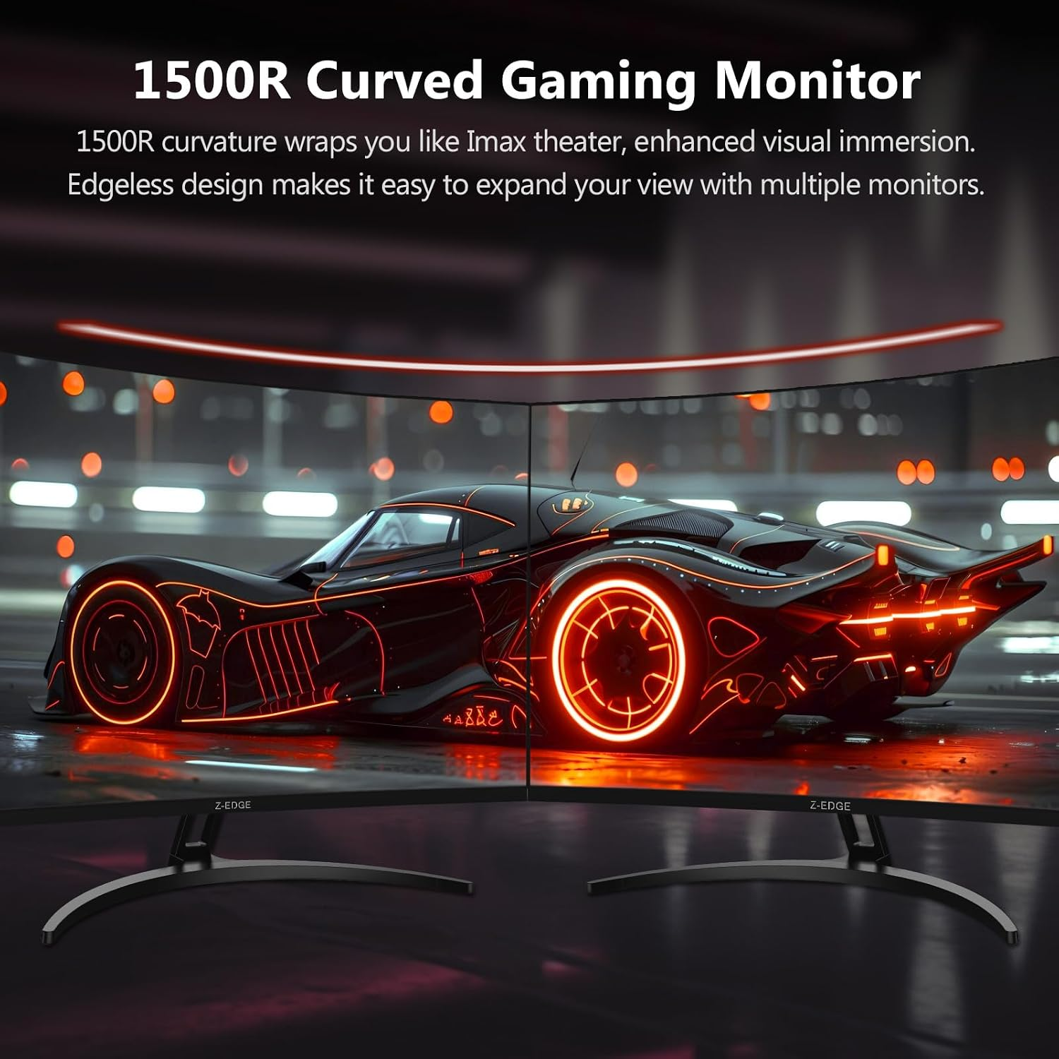 Dos monitores de juegos curvos muestran un coche deportivo futurista negro y rojo en una ciudad nocturna.