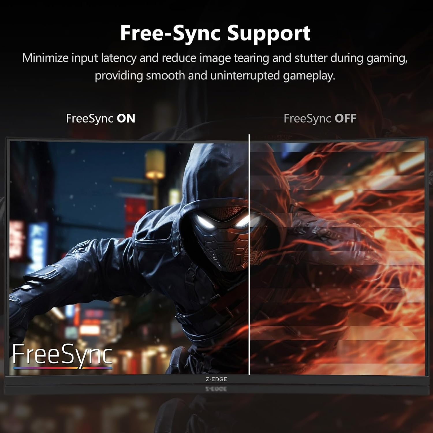 Comparación de pantalla de juego con FreeSync ENCENDIDO fluido frente a FreeSync APAGADO.