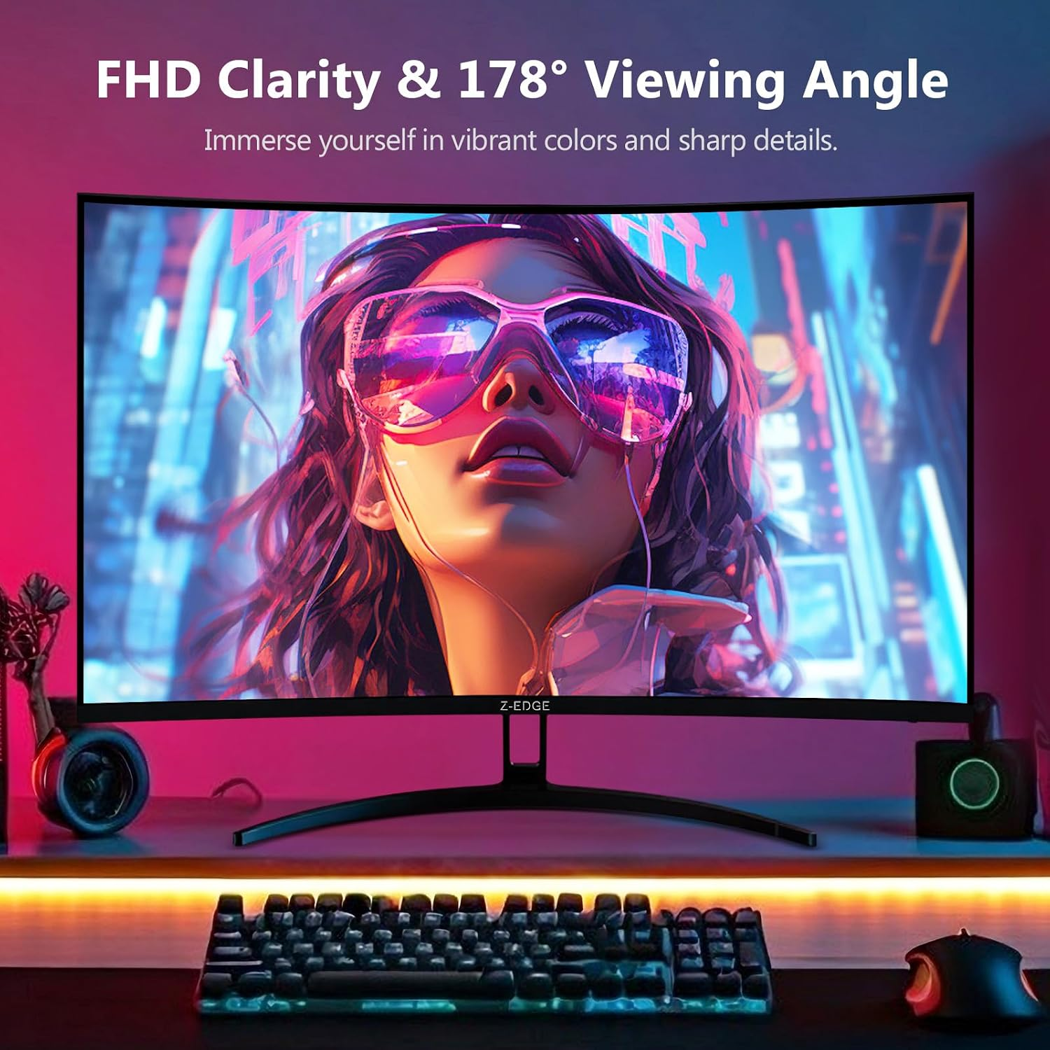 Monitor curvo que muestra a una mujer colorida con gafas de sol, con teclado y ratón en primer plano.