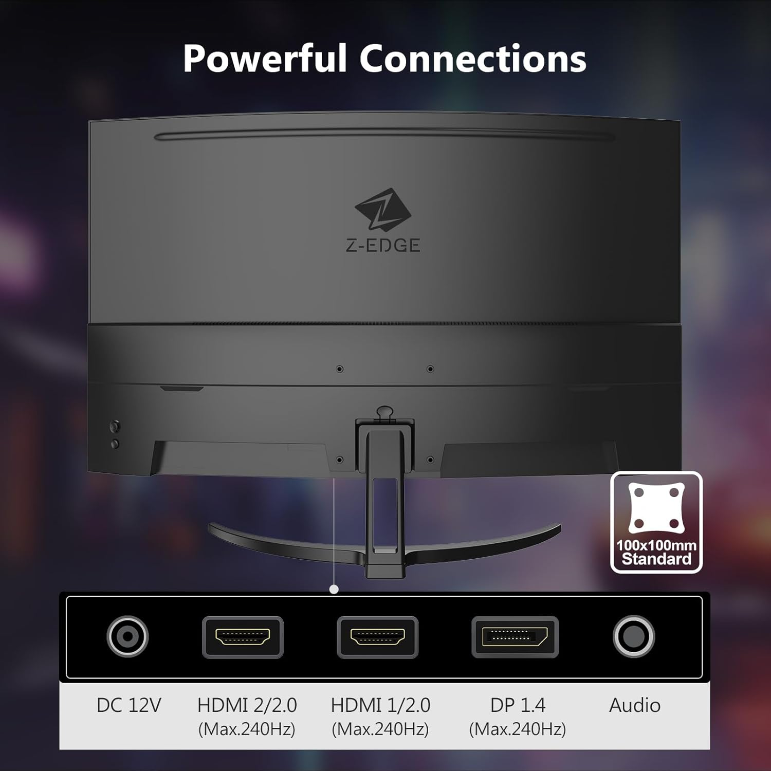 La parte trasera de un monitor curvo Z-Edge que muestra varias conexiones de puertos en la parte inferior.