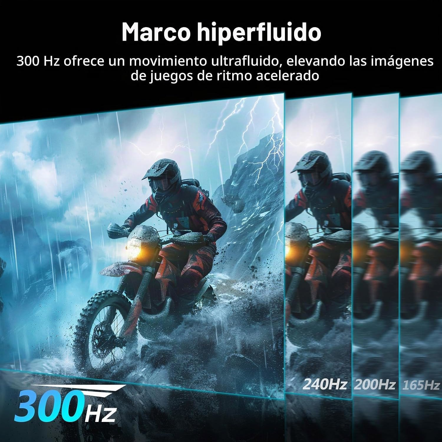 Motociclista en paisaje tormentoso montañoso, demostrando fluidez de pantalla a 300Hz.