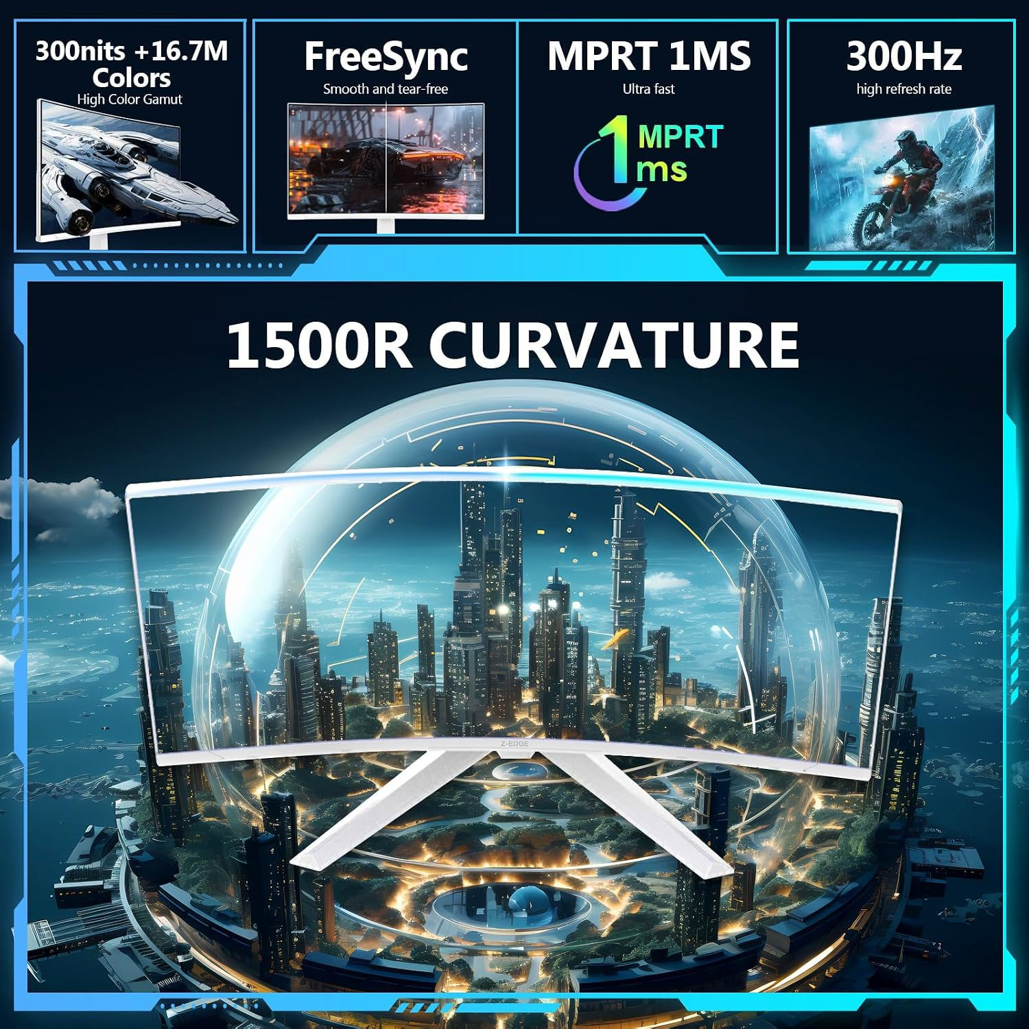 Un monitor curvo con curvatura 1500R muestra un paisaje urbano futurista dentro de una burbuja.