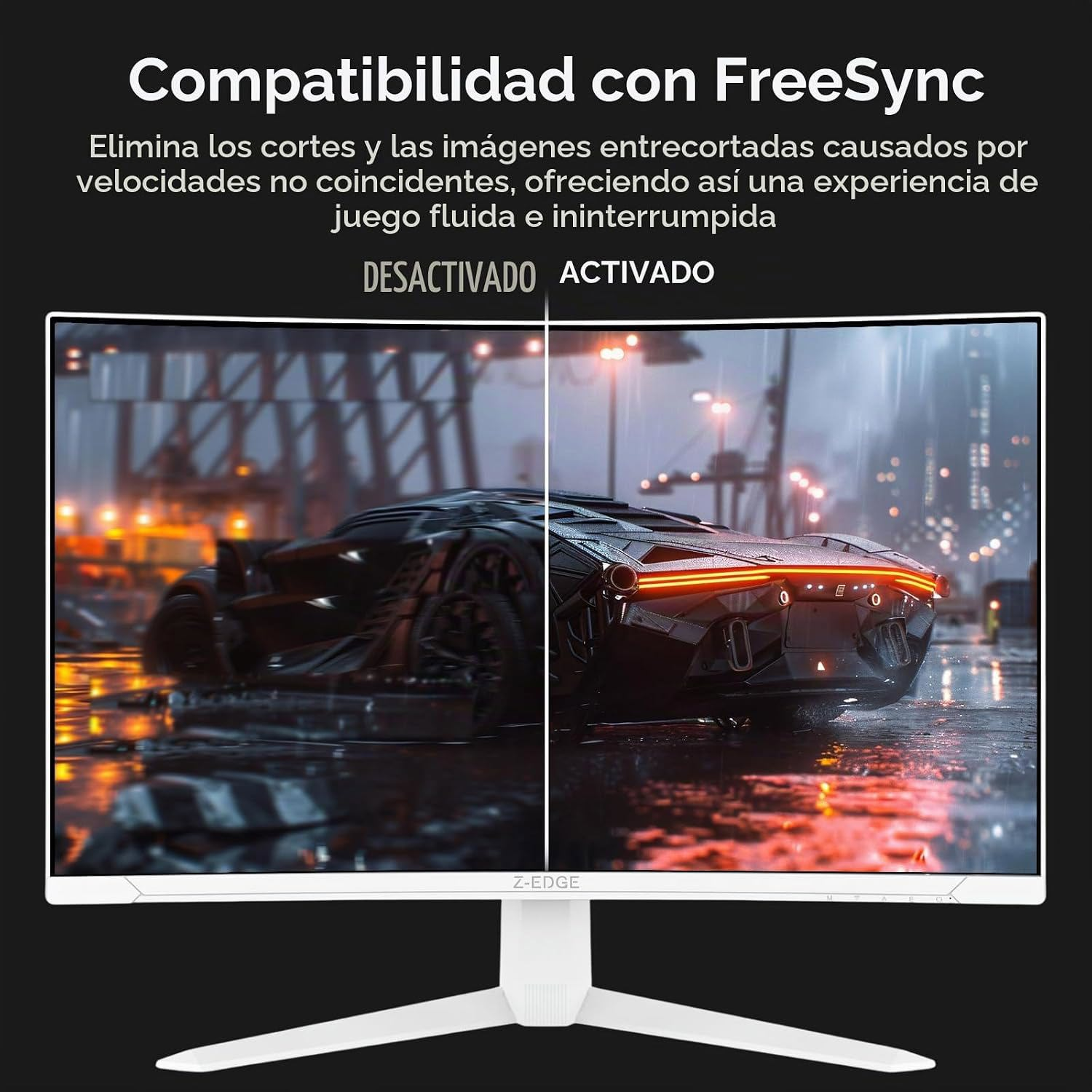 Comparación de la tecnología FreeSync en un monitor blanco curvo que muestra un juego fluido.