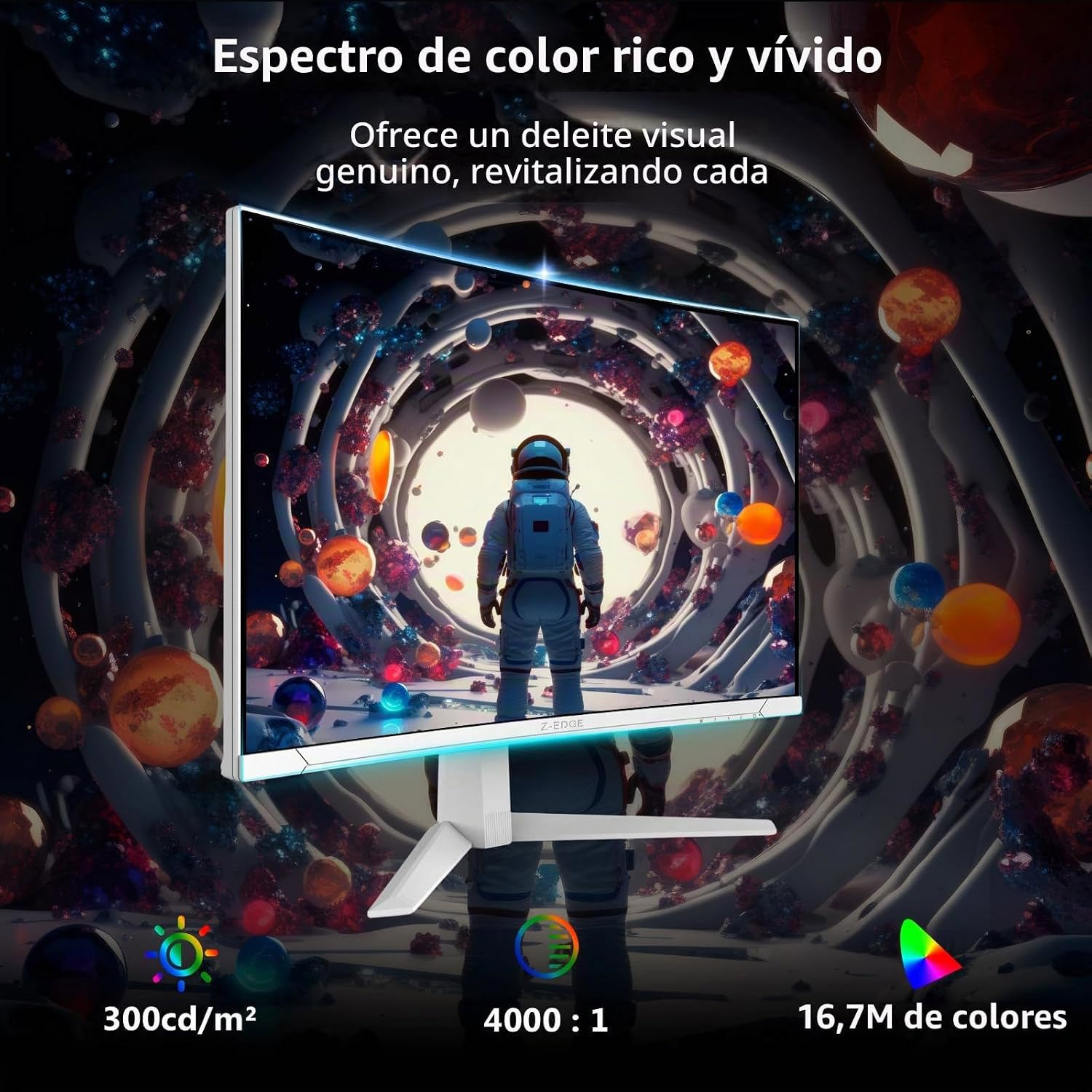 Un monitor blanco curvo muestra a un astronauta en el espacio con planetas coloridos y texto en español.