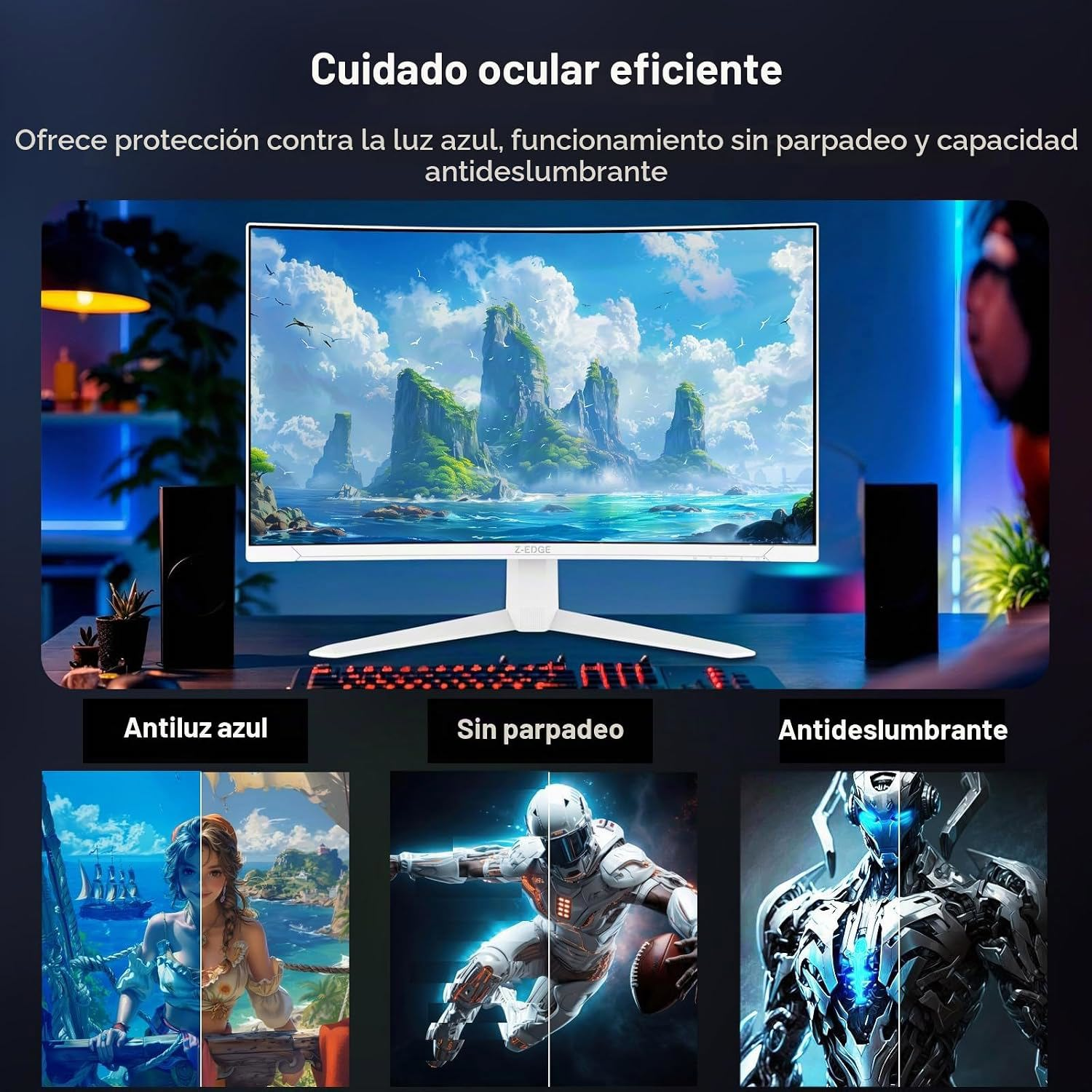 Un monitor curvo con un paisaje, texto en español sobre cuidado ocular, protección contra luz azul y sin parpadeo.