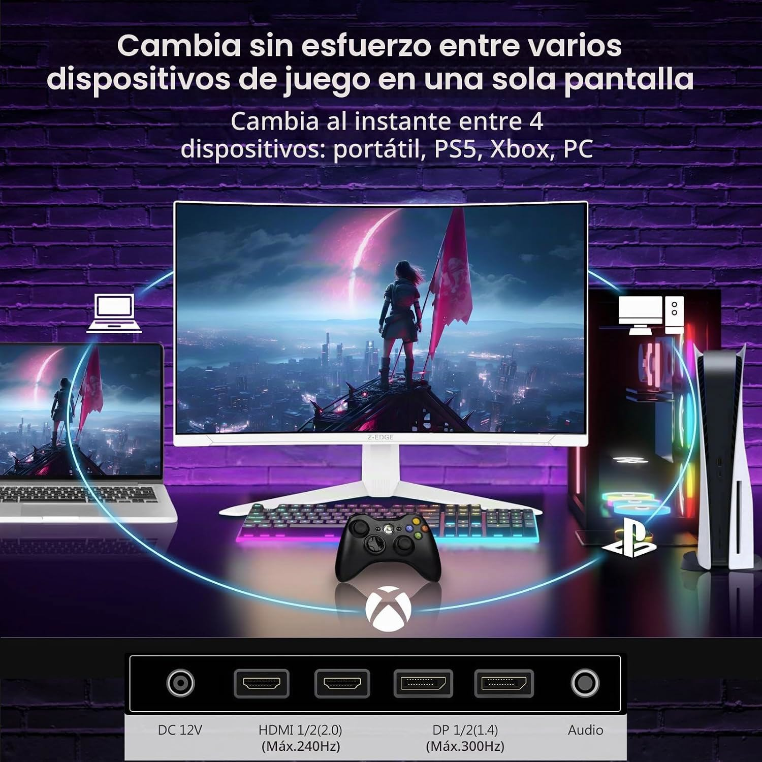 Un monitor curvo muestra un juego, conectado a una laptop, PC y consolas sobre un fondo de ladrillo morado.
