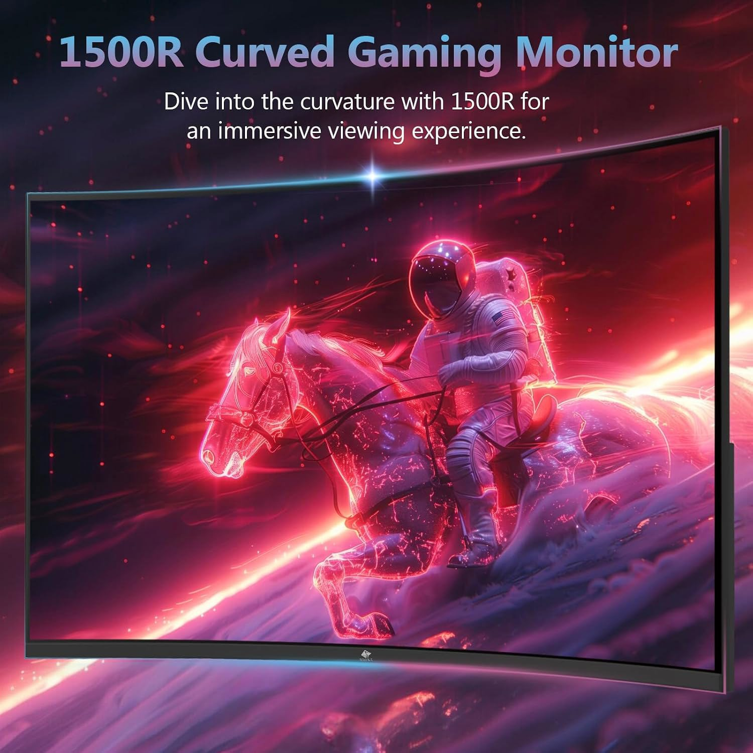 Un monitor gaming curvo 1500R muestra a un astronauta montando un caballo brillante sobre un fondo de luz roja.